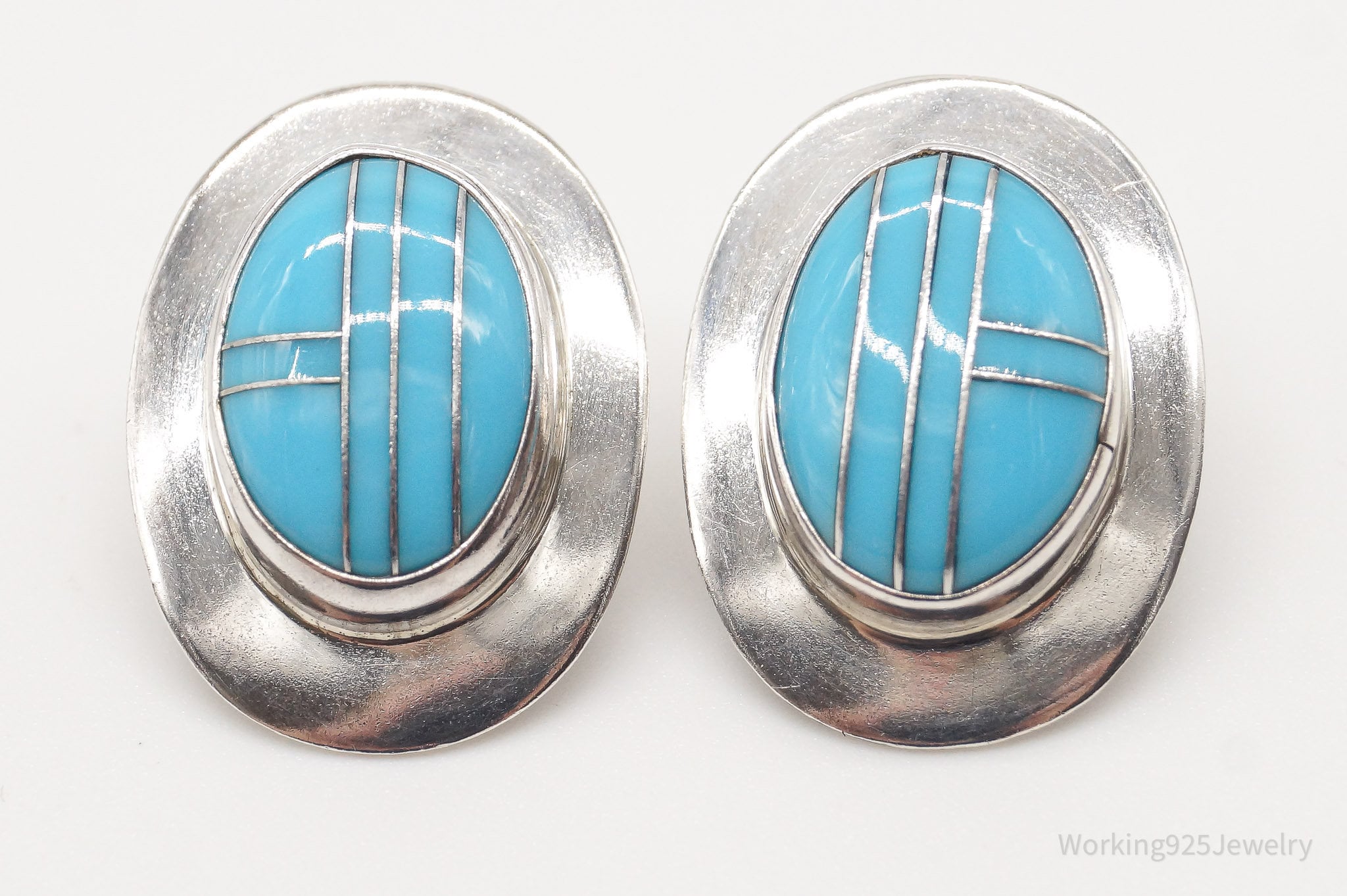 Vintage Native American Turquoise Inlay Sterling Silver Earrings