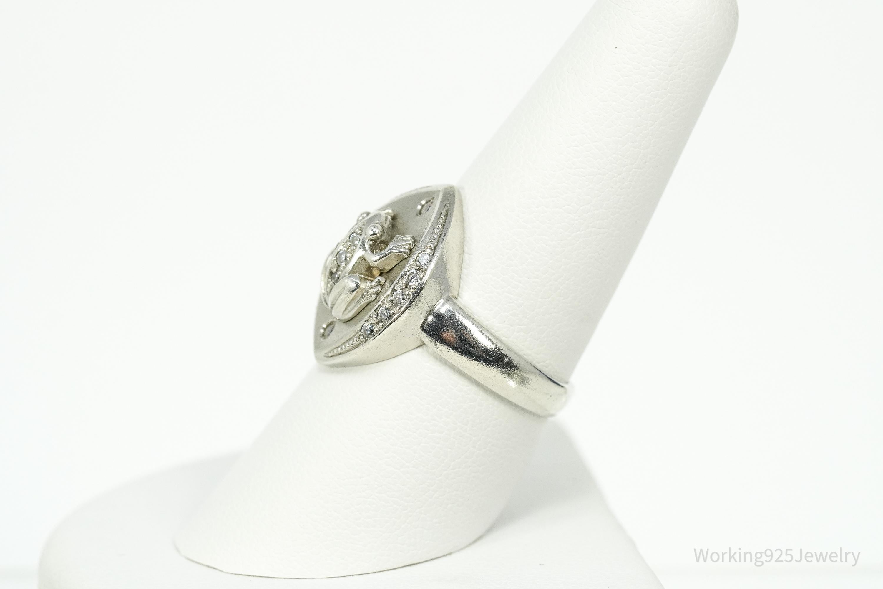 Vintage Frog Cubic Zirconia Sterling Silver Ring - Size 8.25