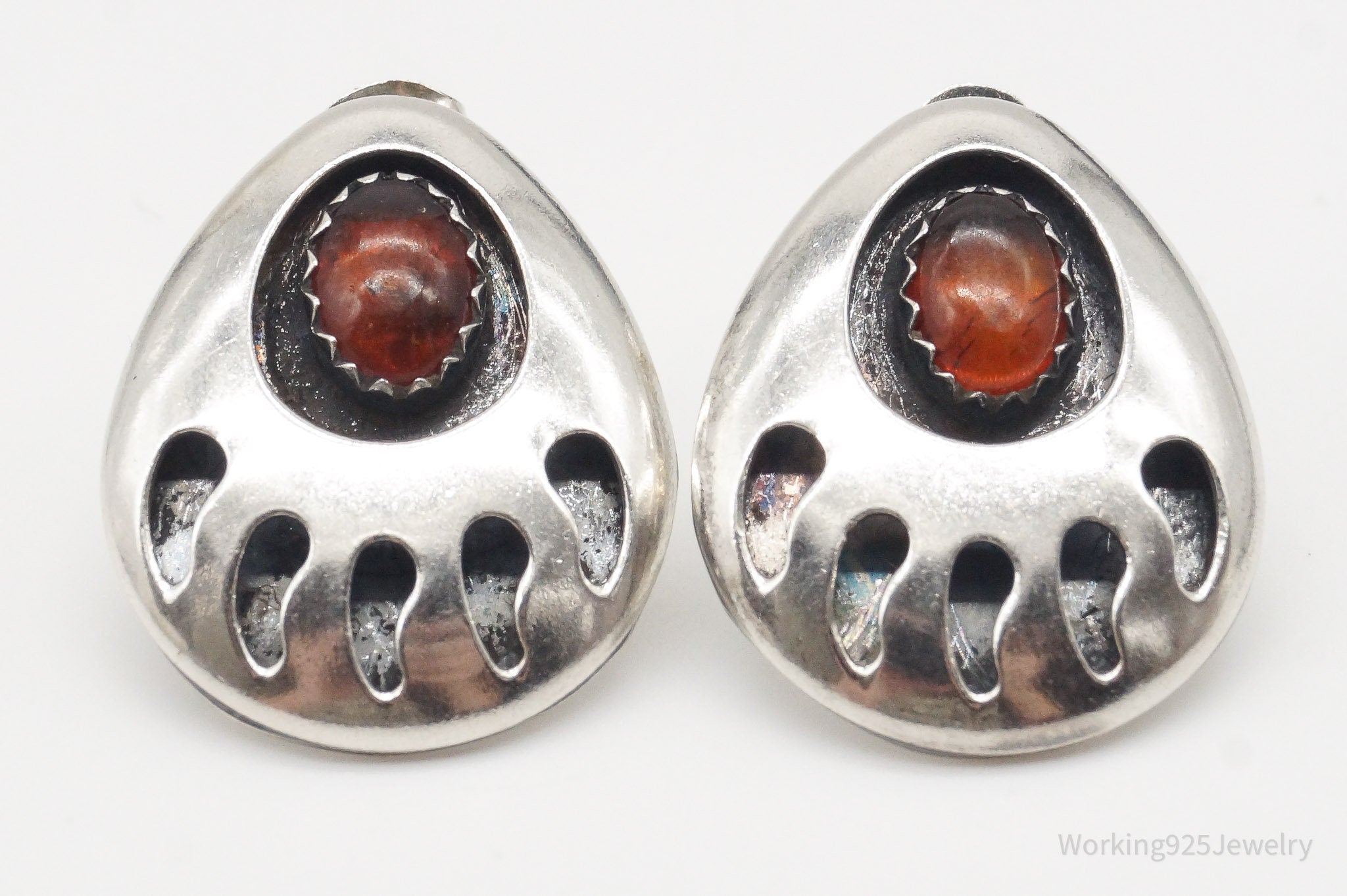 Vintage Native American Unsigned Amber Bear Paw Print Sterling Silver Earrings