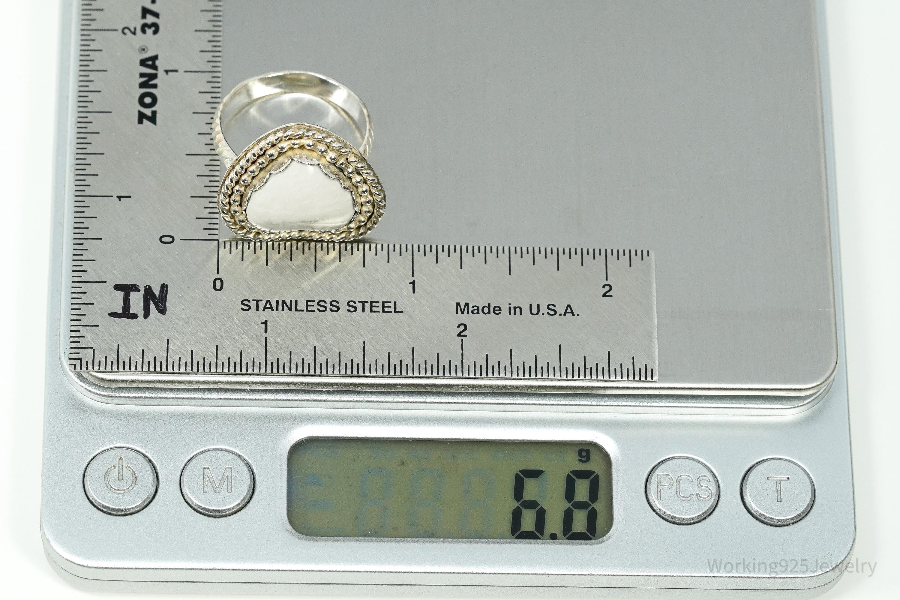 Vintage Native White Stone Heart Sterling Silver Ring - Size 8.75