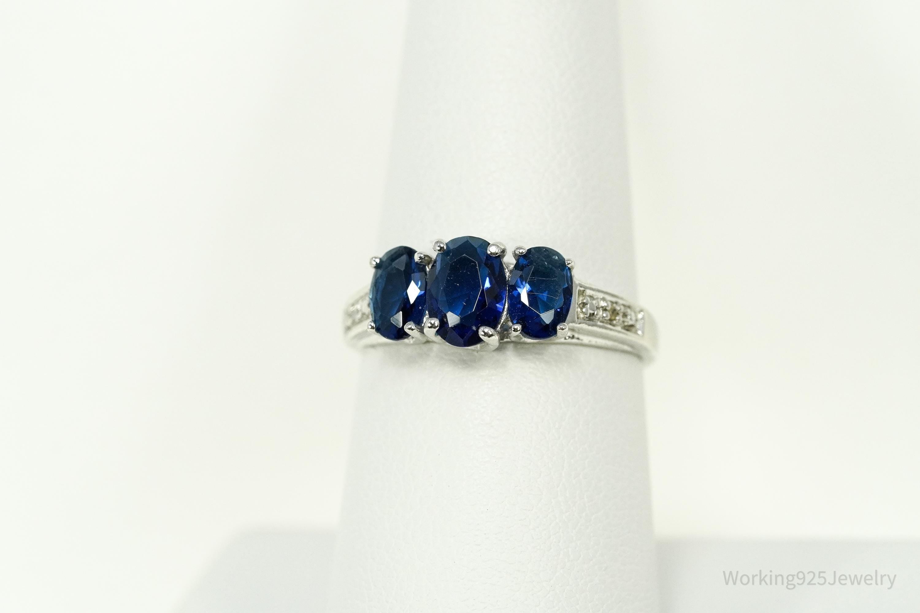 Vintage Blue Simulated Sapphires & 2 Diamonds Sterling Silver Ring - Size 7.25