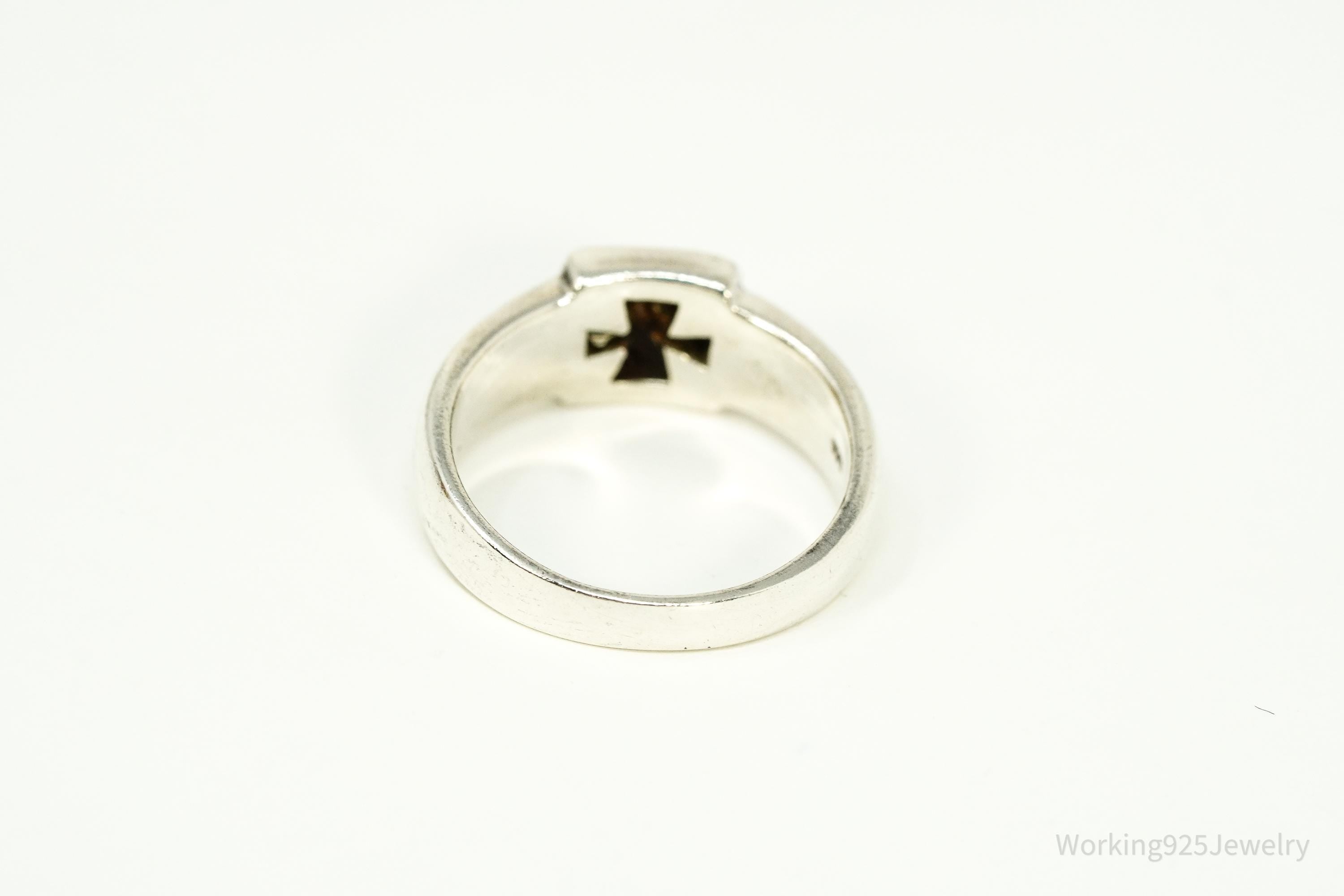 Vintage Blue Lapis Lazuli Inlay Cross Sterling Silver Ring - Size 6.75