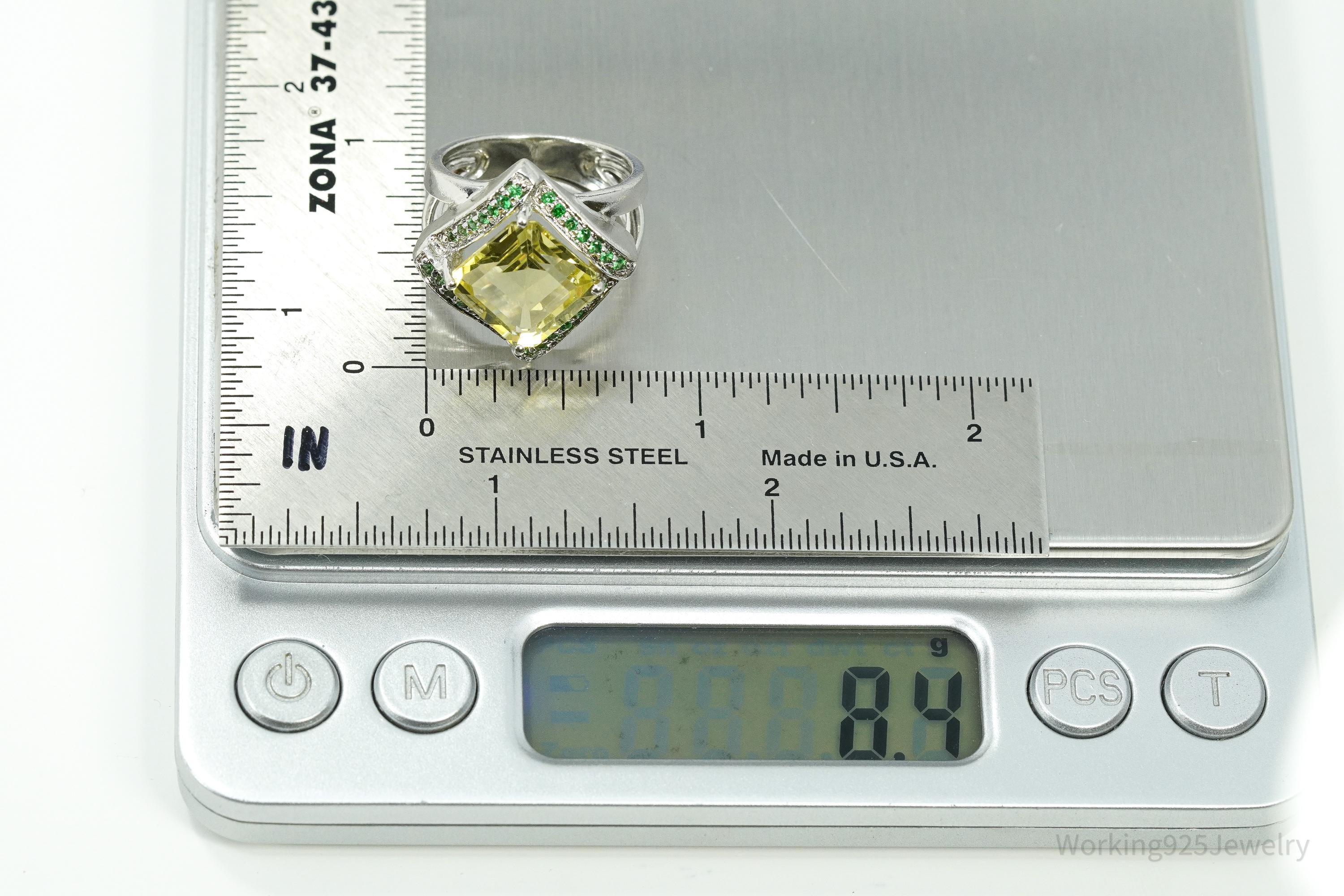 Vintage Lemon Citrine & Emerald Sterling Silver Ring Size 7