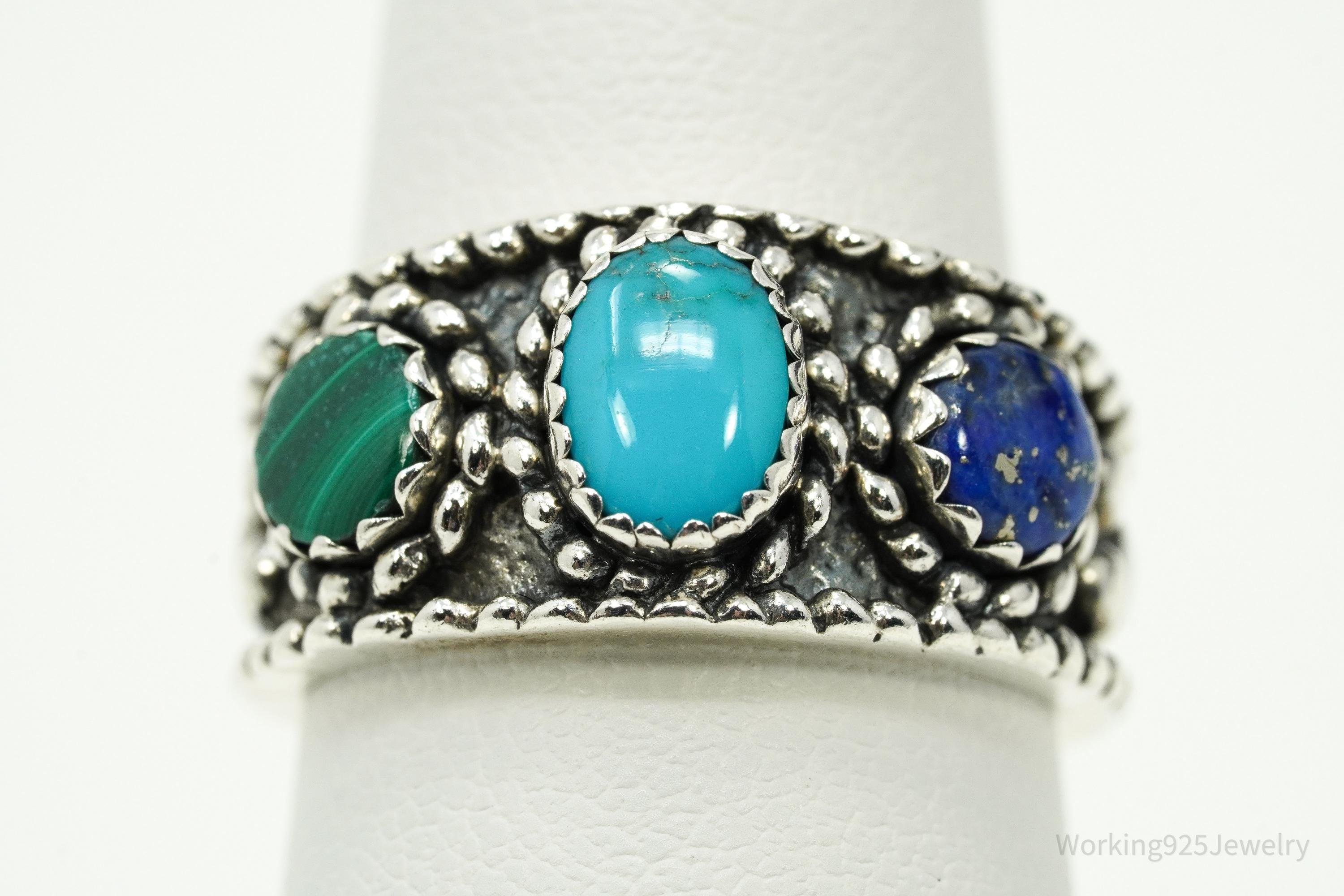 Vintage Native Designer QT Quoc Multi Gem Sterling Silver Ring - Size 6