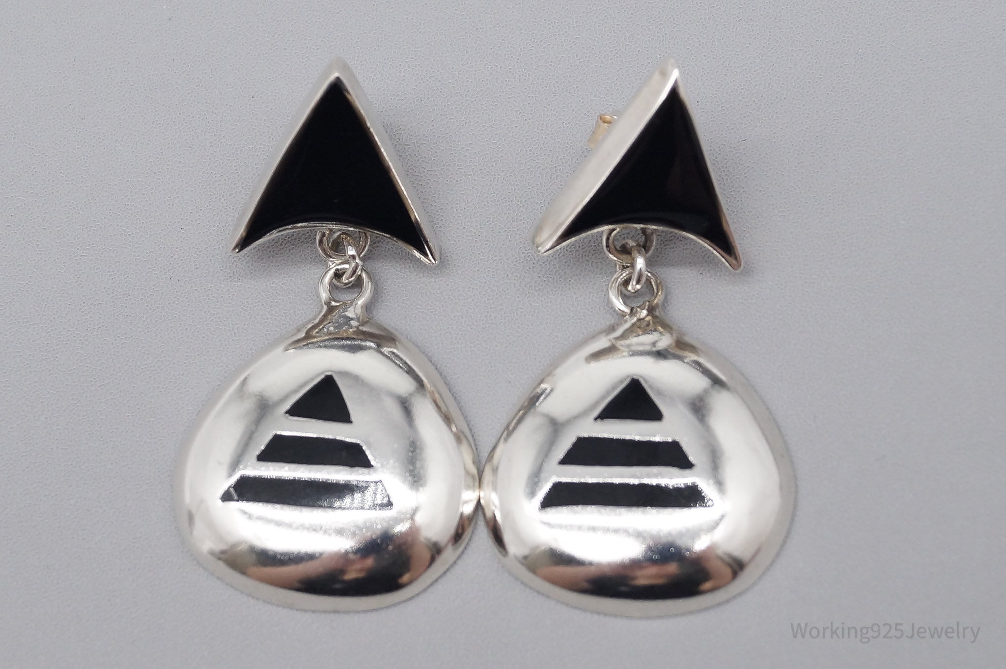 Vintage Large Mexico Modernist Style Black Enamel Sterling Silver Earrings