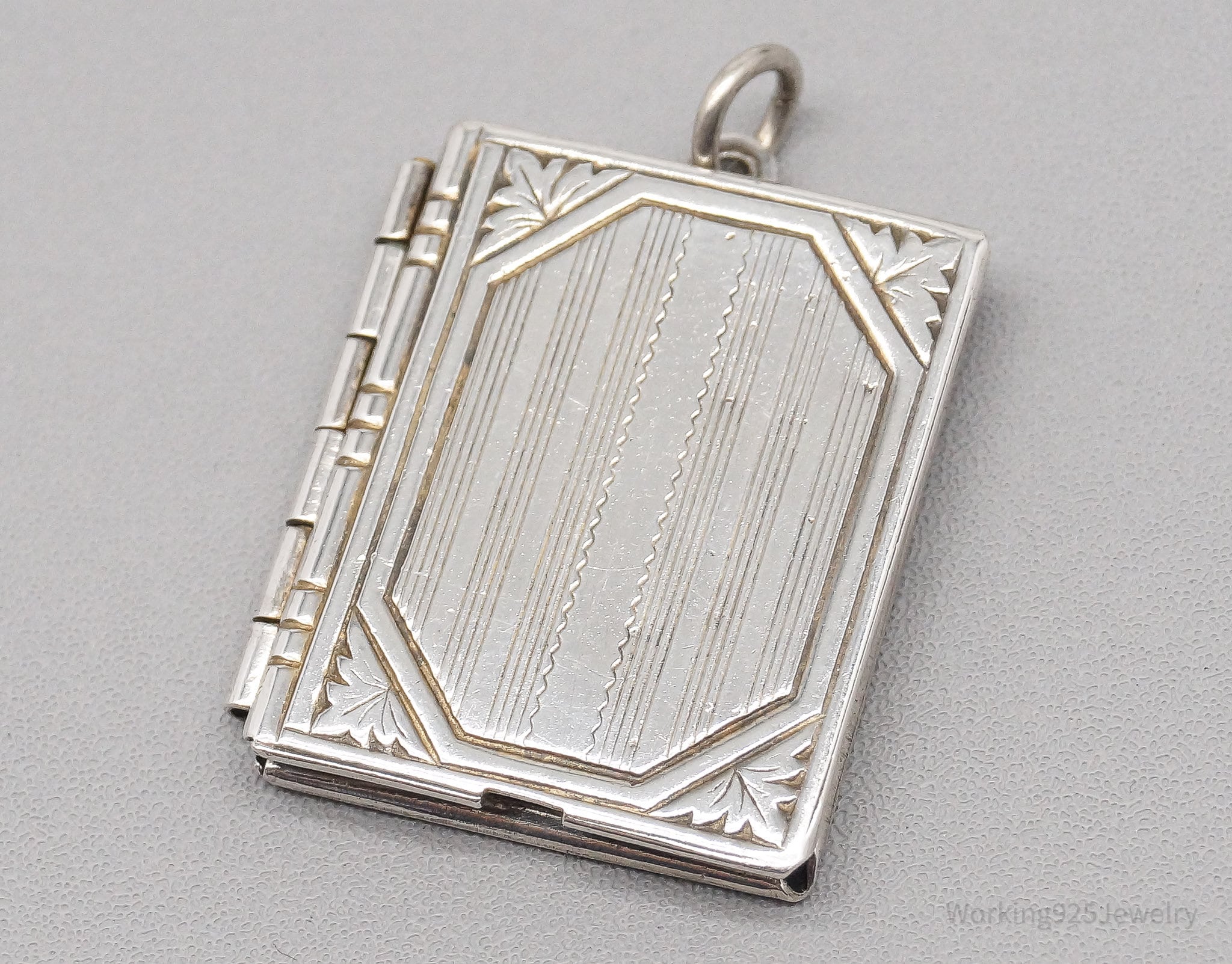 Antique Etched Sterling Silver Secret Book Locket Necklace Pendant