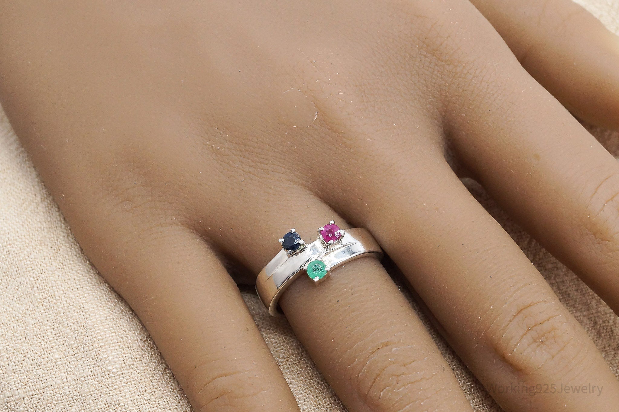 Vintage Ruby Emerald Sapphire Sterling Silver Ring - Size 7