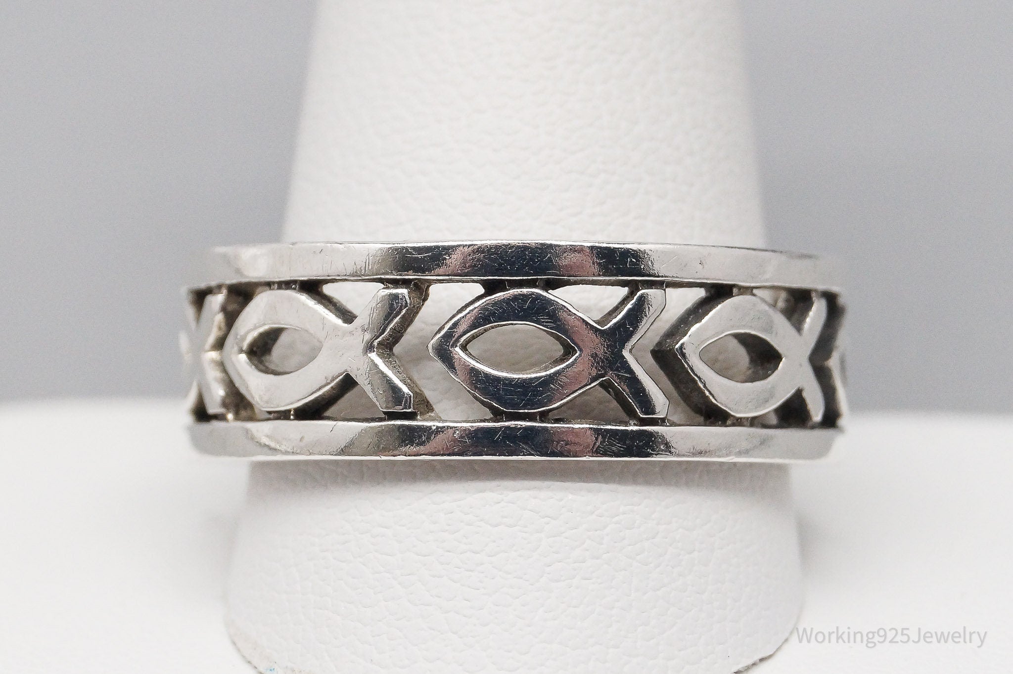 Vintage Ichthus Fish Pattern Sterling Silver Band Ring - Size 14.25