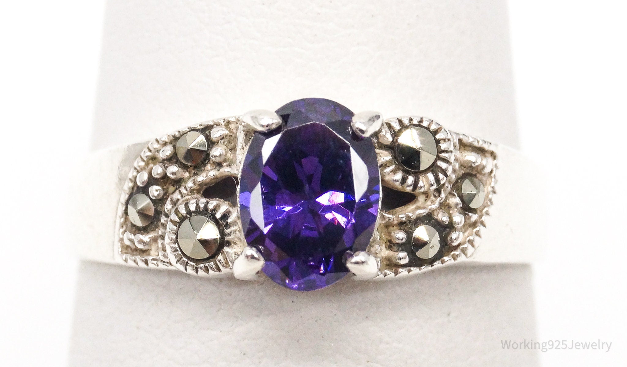 Vintage Purple Cubic Zirconia Marcasite Sterling Silver Ring - Size 6.75