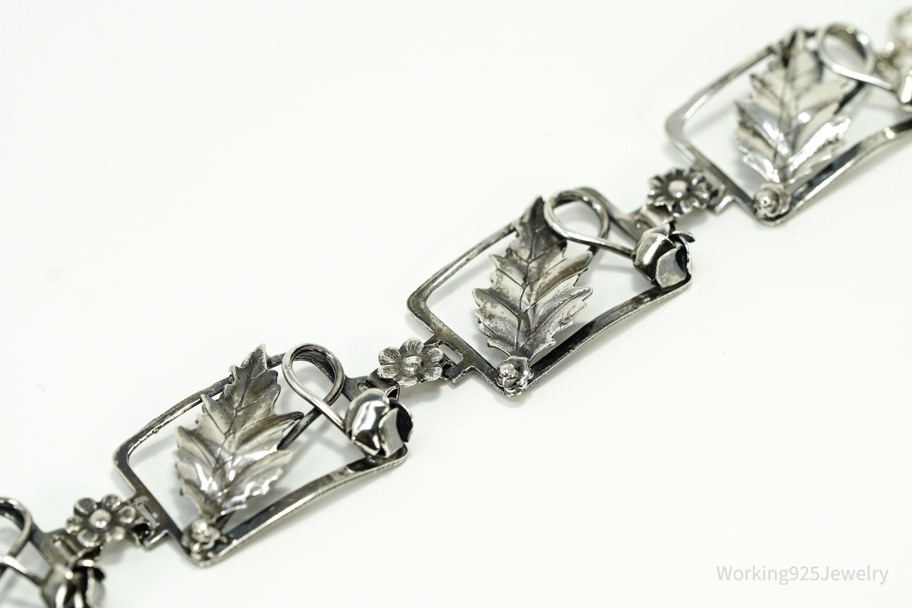 Antique Floral Sterling Silver Bracelet 7.5"