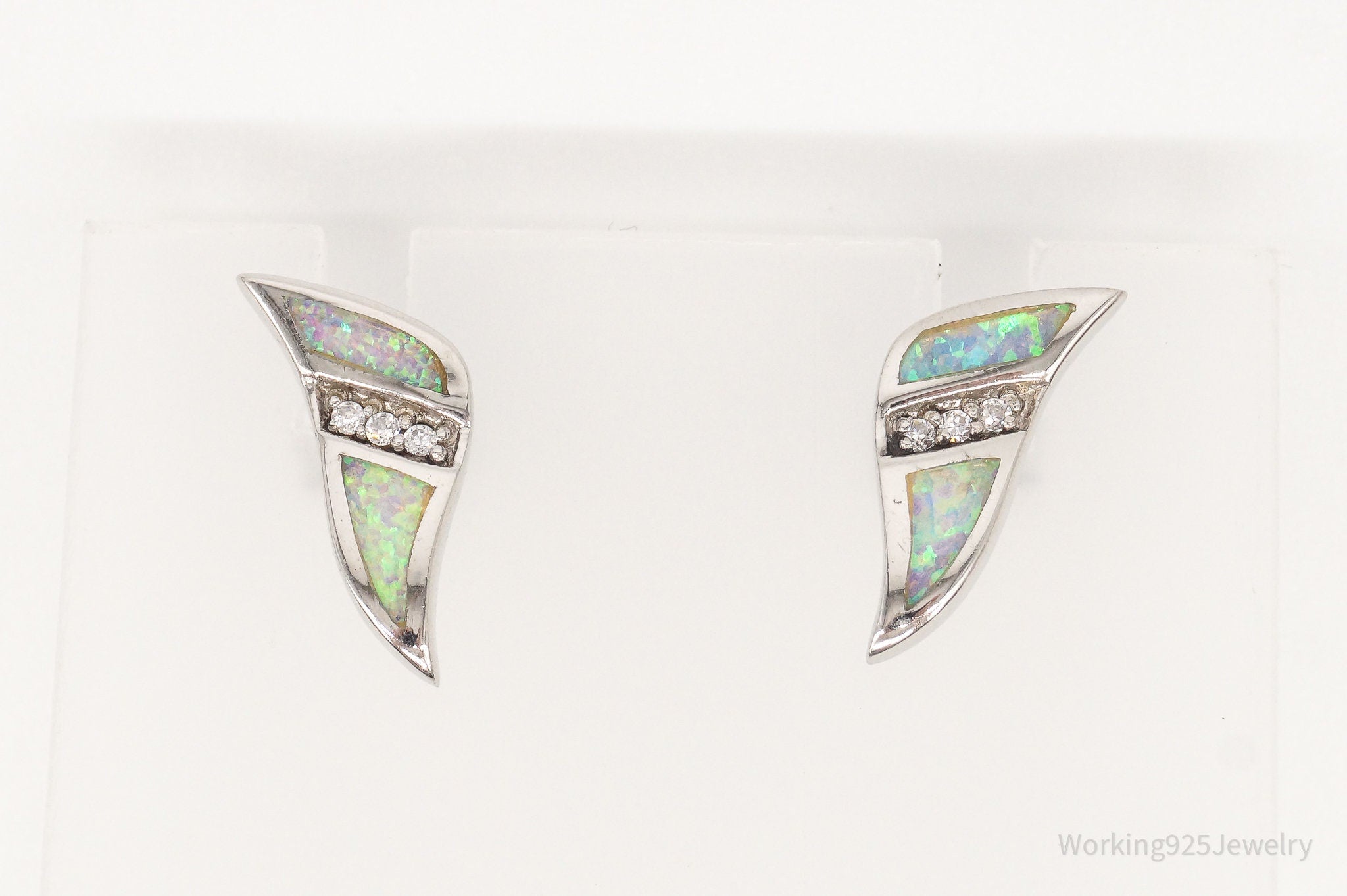 Vintage Opal Cubic Zirconia Art Deco Sterling Silver Earrings