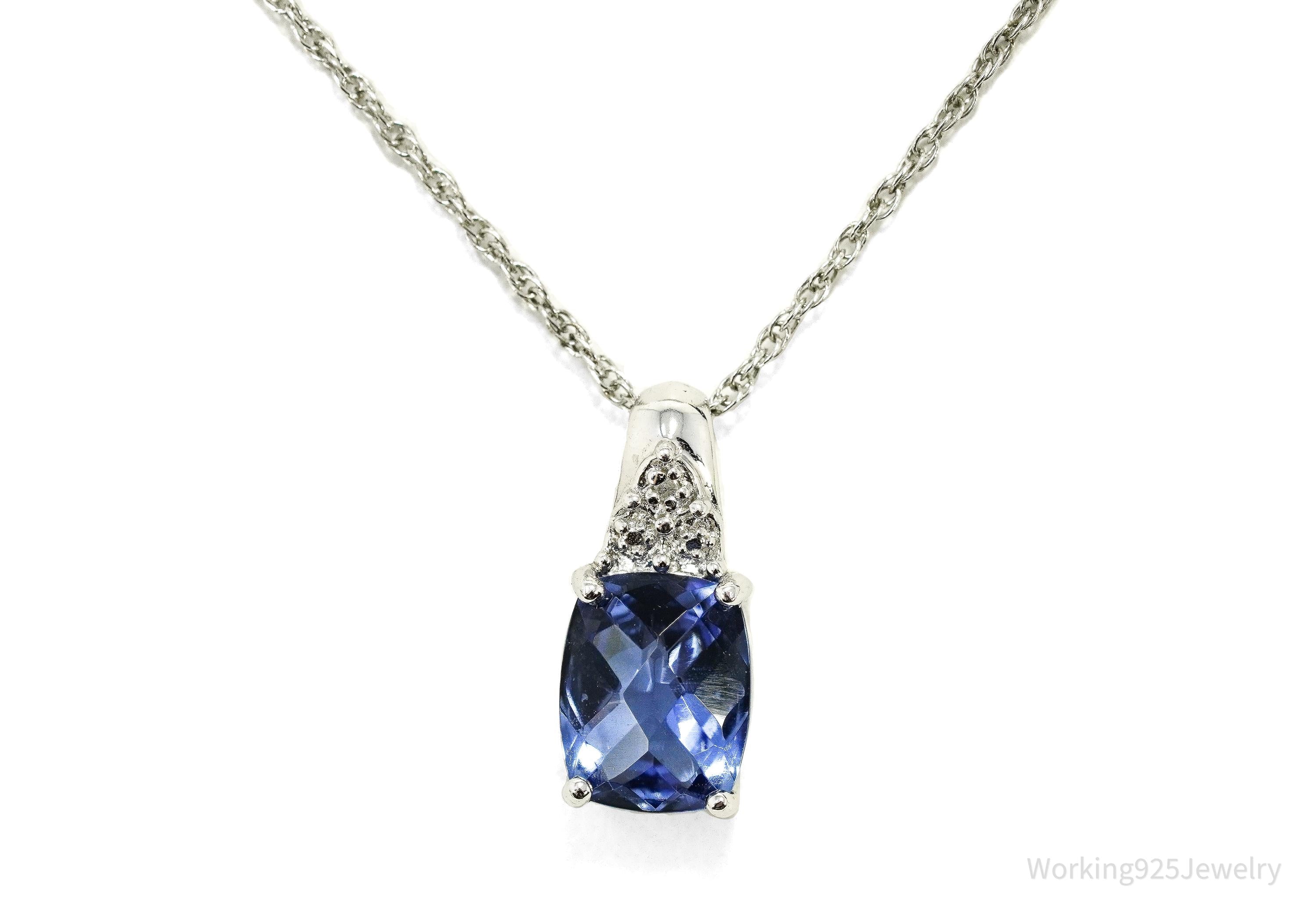 Vintage Ross Simons Lab Created Blue Sapphire & Single Diamond Sterling Silver Necklace 18"