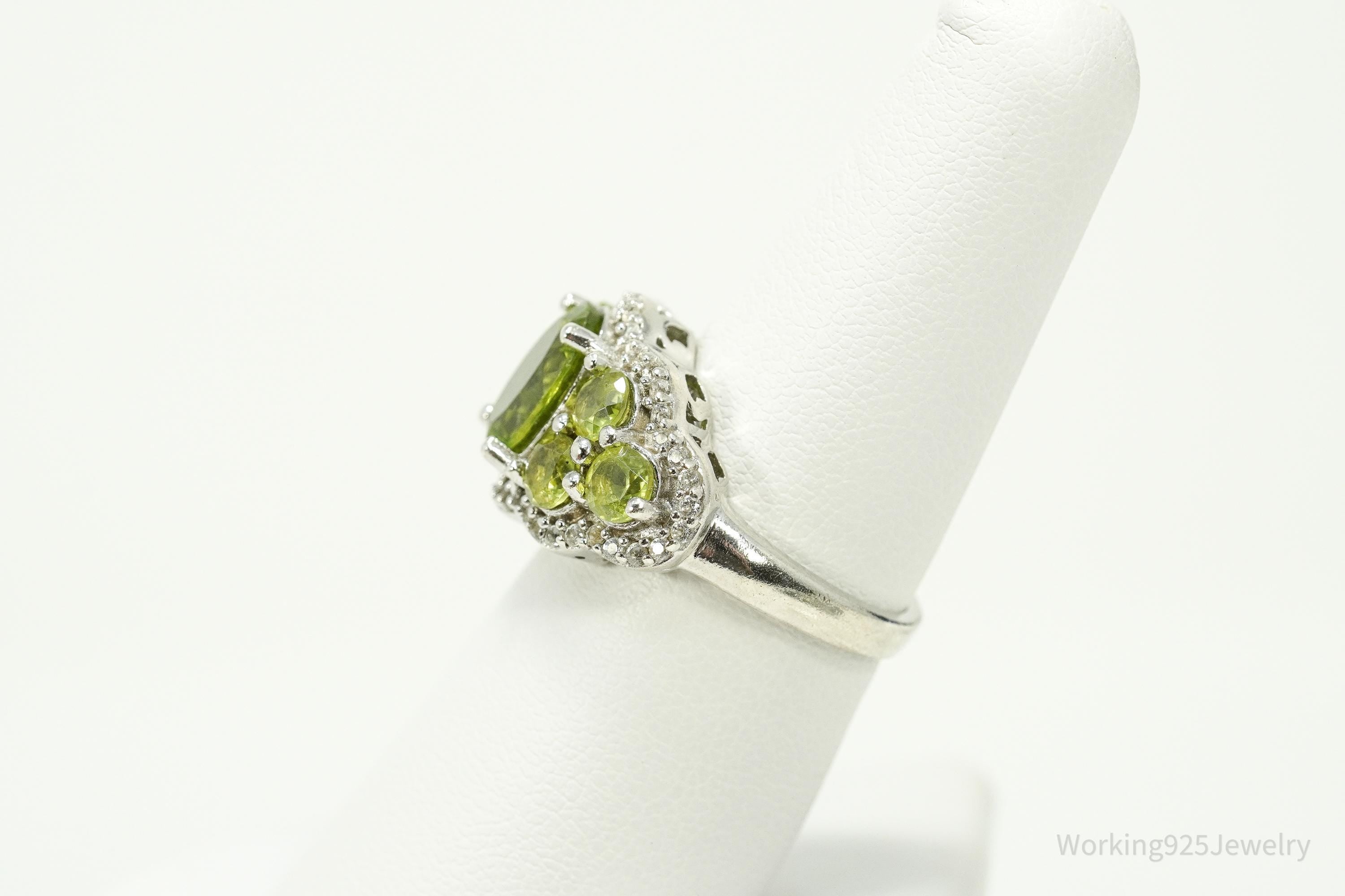 Green Peridot & White Zircon Rhodium Over Sterling Silver Ring - Size 7