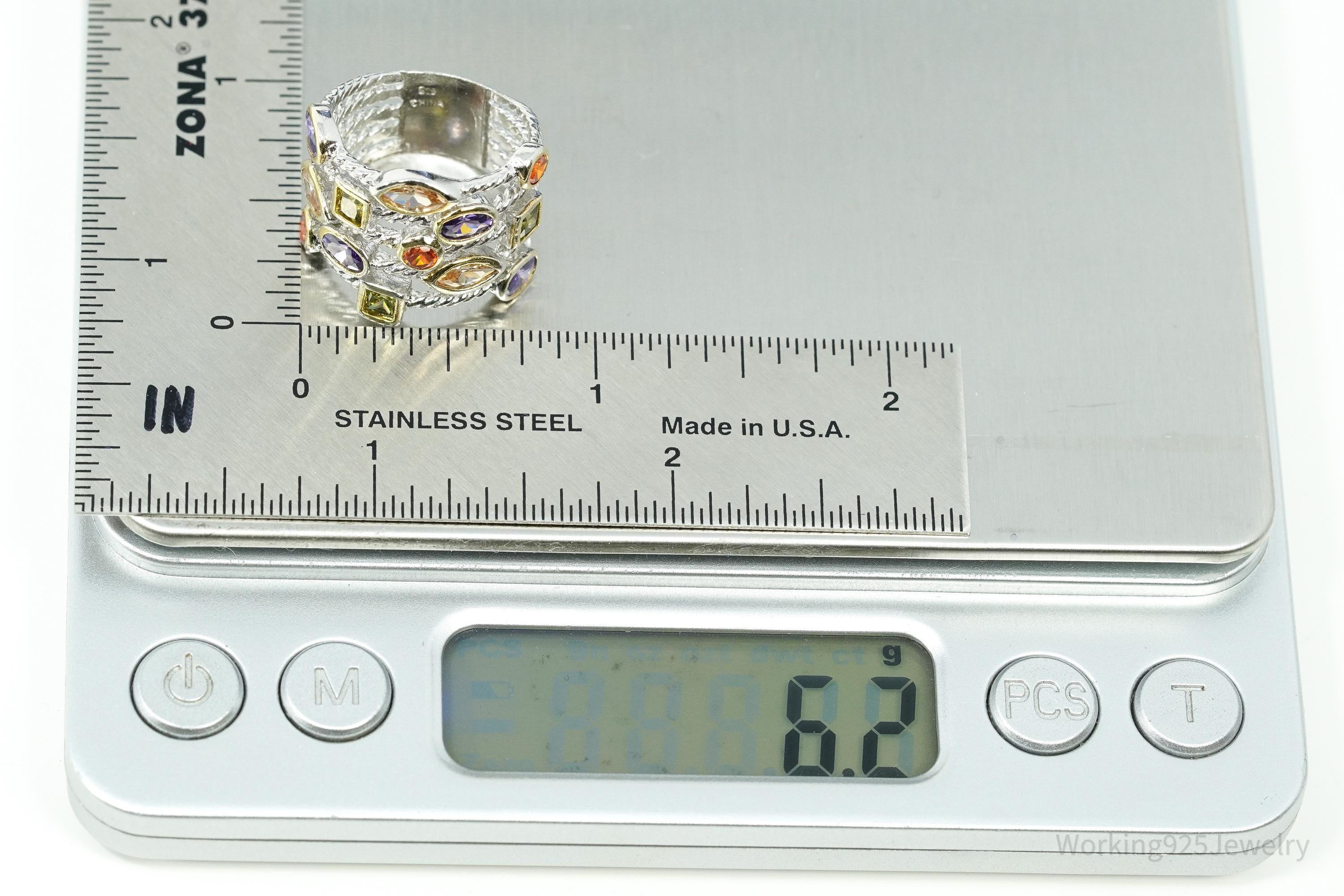 Multi Gemstone Gold Vermeil & Sterling Silver Cable Band Confetti Ring - Size 6.25
