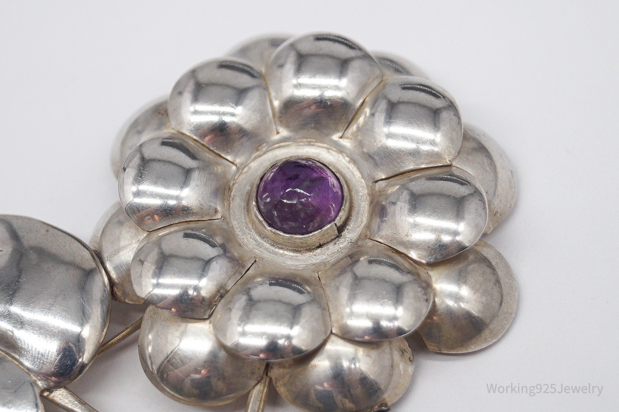 Large Vintage Mexico Modernist Flower Amethyst & Sterling Silver Brooch Pin
