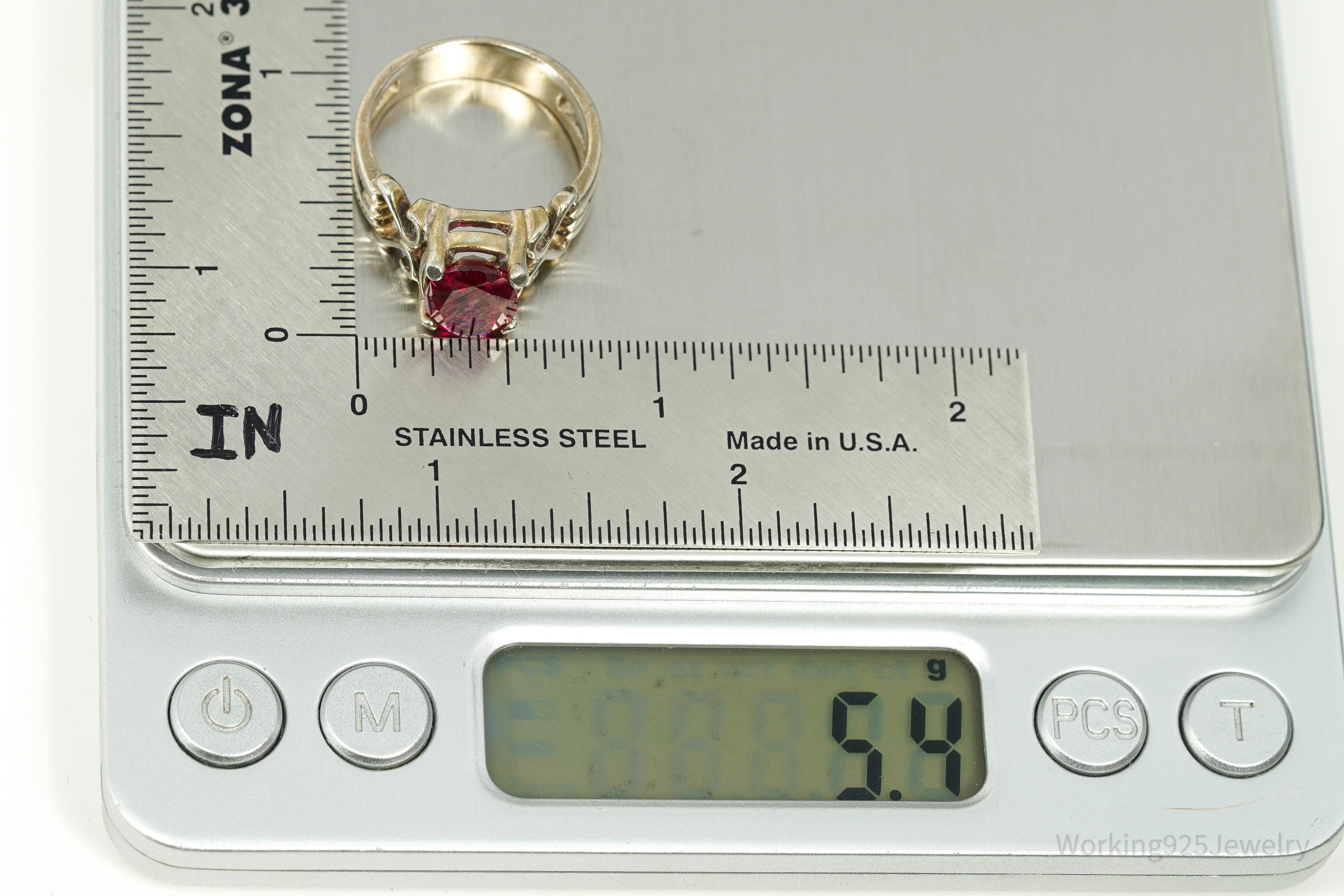 Vintage Lab Ruby Sterling Silver Ring - Size 8.25