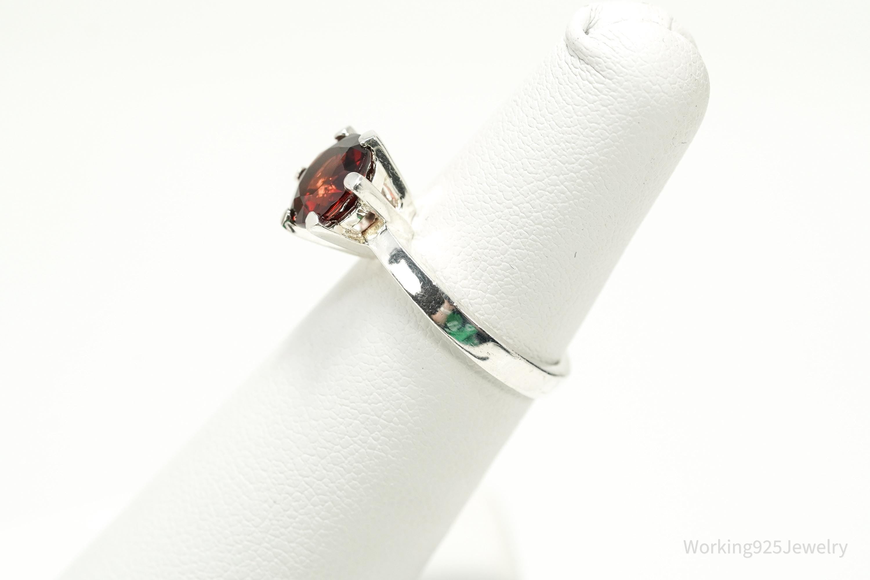 Vintage Sterling Silver Ring • Round Garnet Solitaire Gemstone Size 5