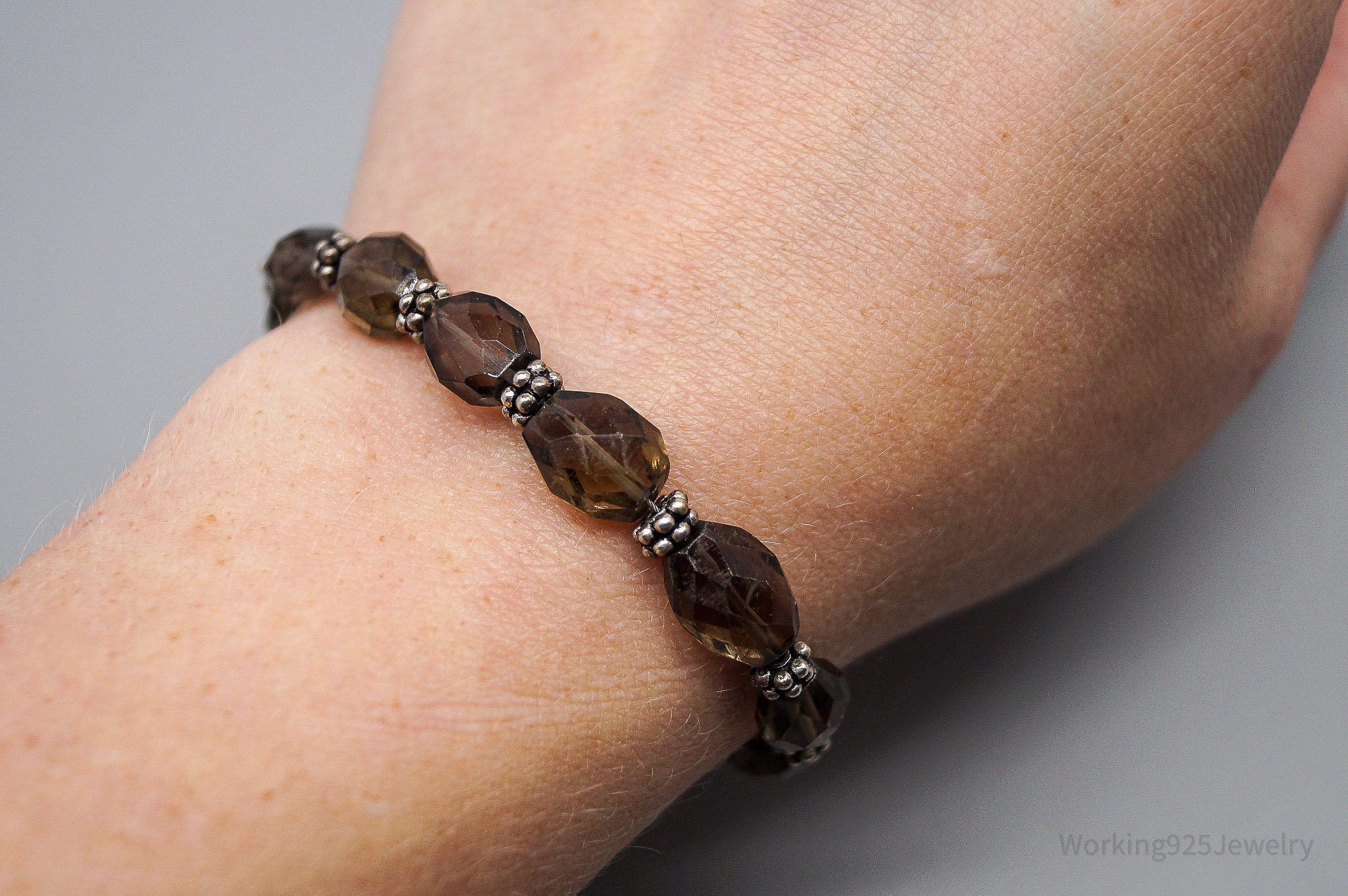 Vintage Smoky Topaz Bead Silver Toggle Bracelet - 7.5"