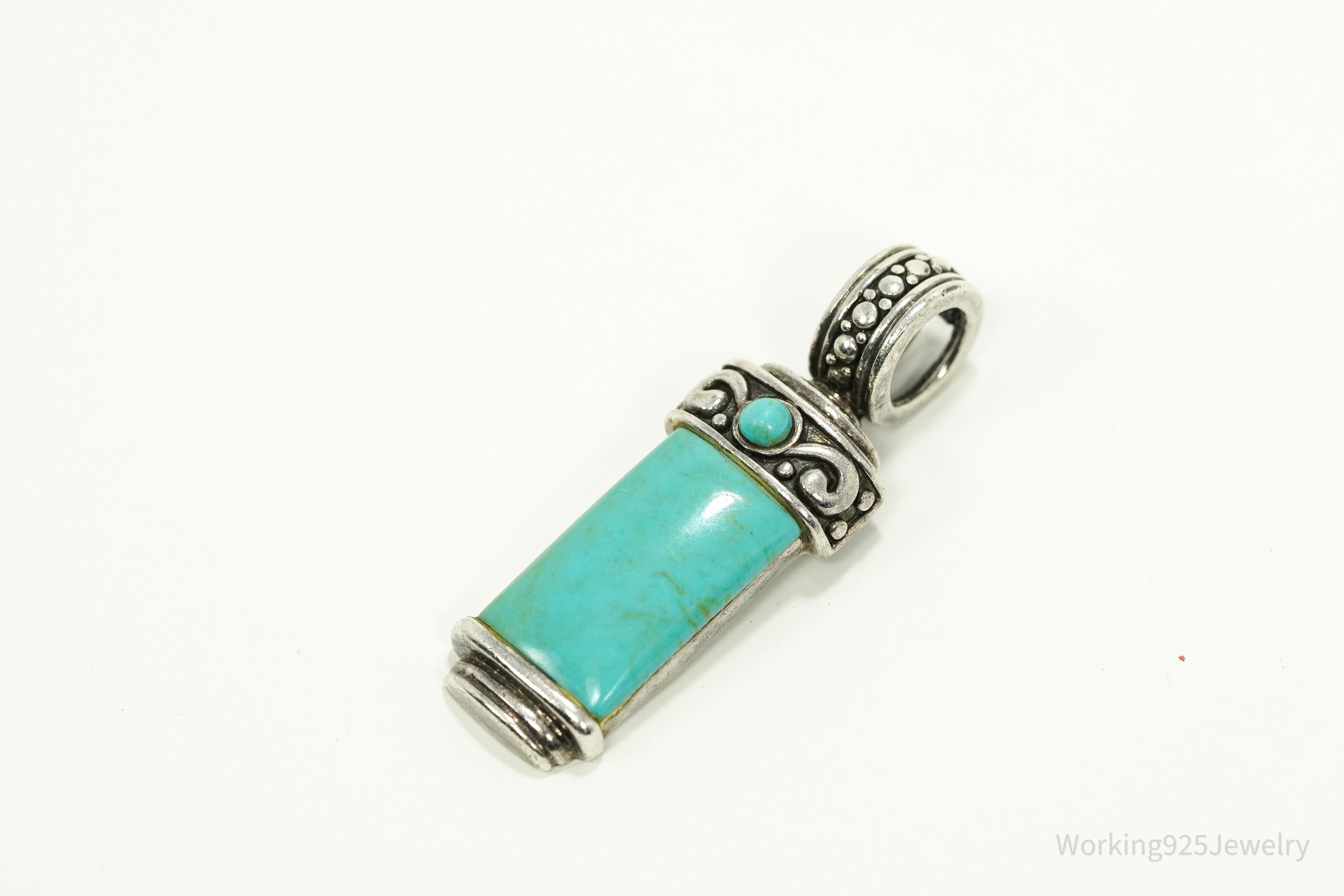 Vintage Turquoise Sterling Silver Necklace Pendant 1.75"