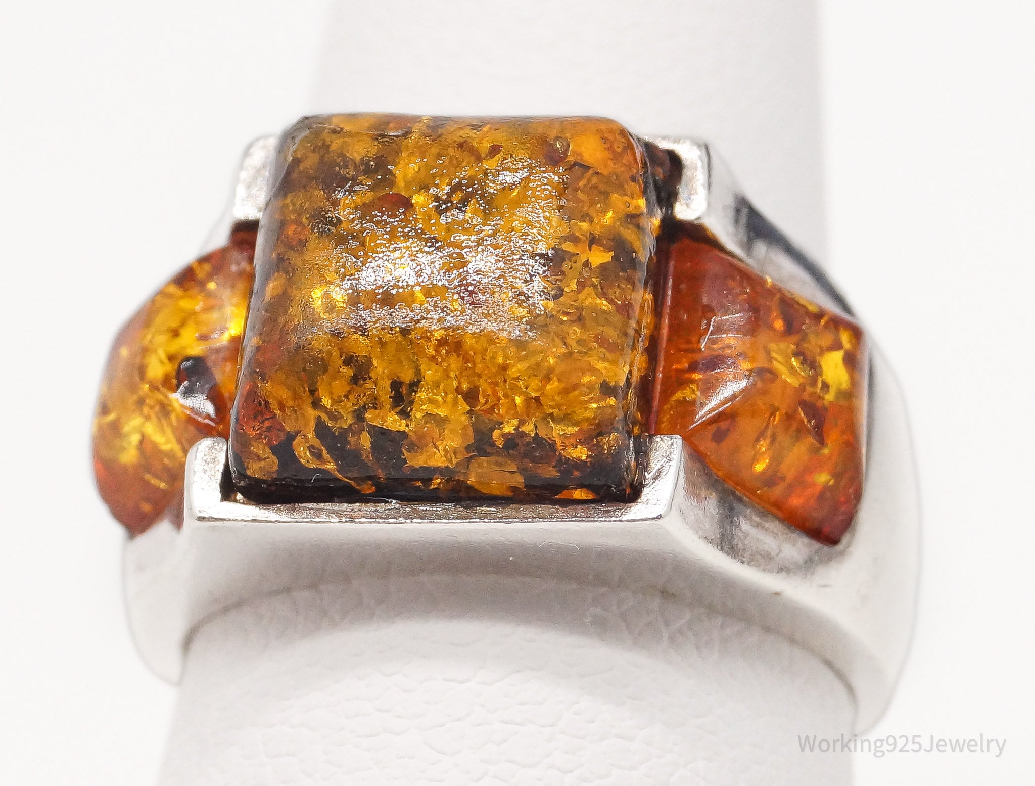 Vintage Amber Sterling Silver Ring - Size 6