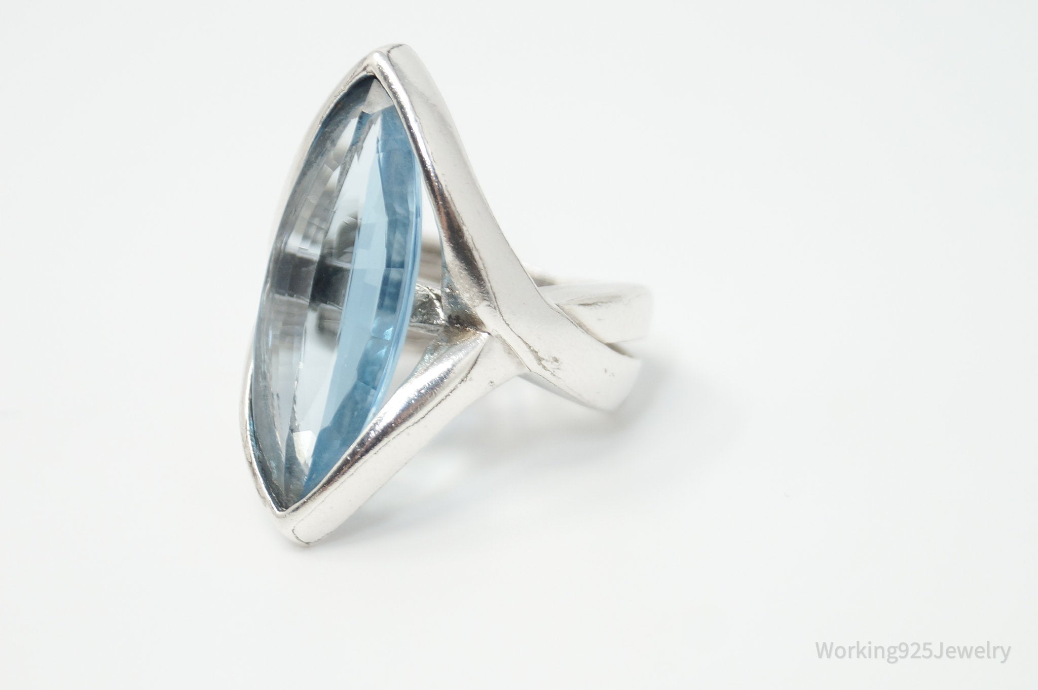 Vintage Modernist Large Blue Topaz Sterling Silver Statement Ring - Size 6