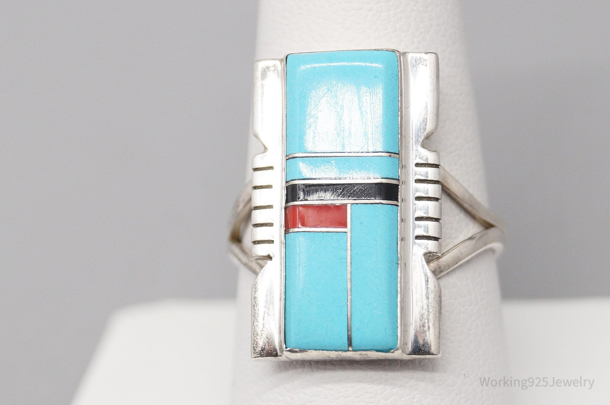 Vintage Native American Multi Gem Inlay Sterling Silver Ring - Size 9