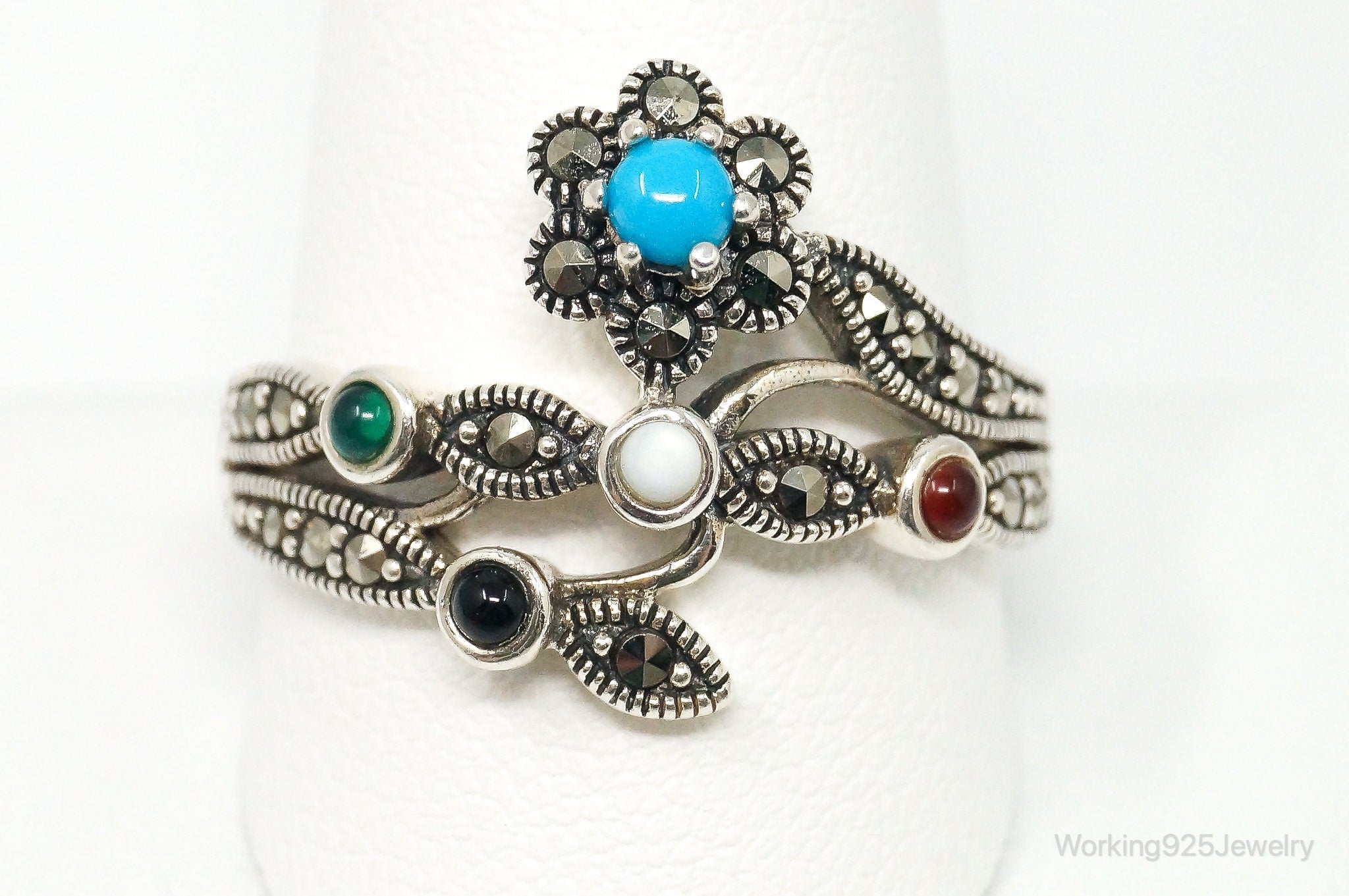 Vintage Multi Gemstone Flower Sterling Silver Ring - Size 12