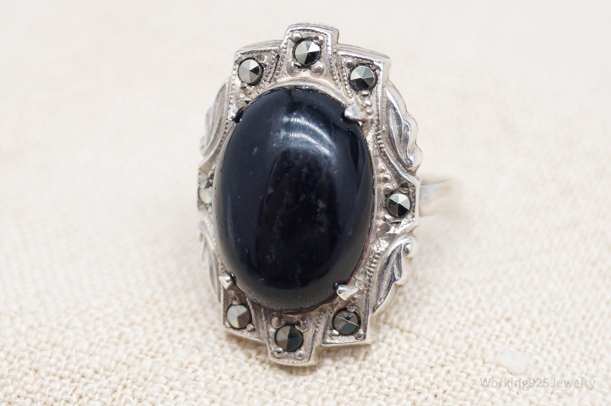 Antique Art Deco Black Onyx Marcasite Sterling Silver Ring - Size 5