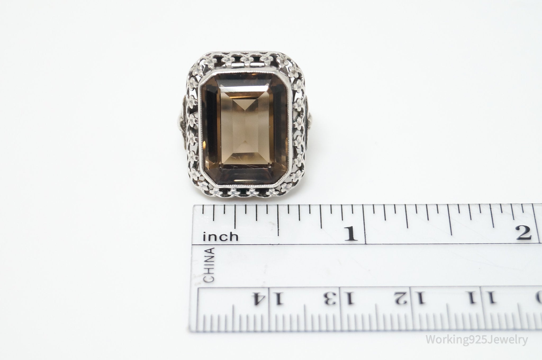Vintage Large Smoky Topaz 835 Silver Ornate Statement Ring - Sz 6