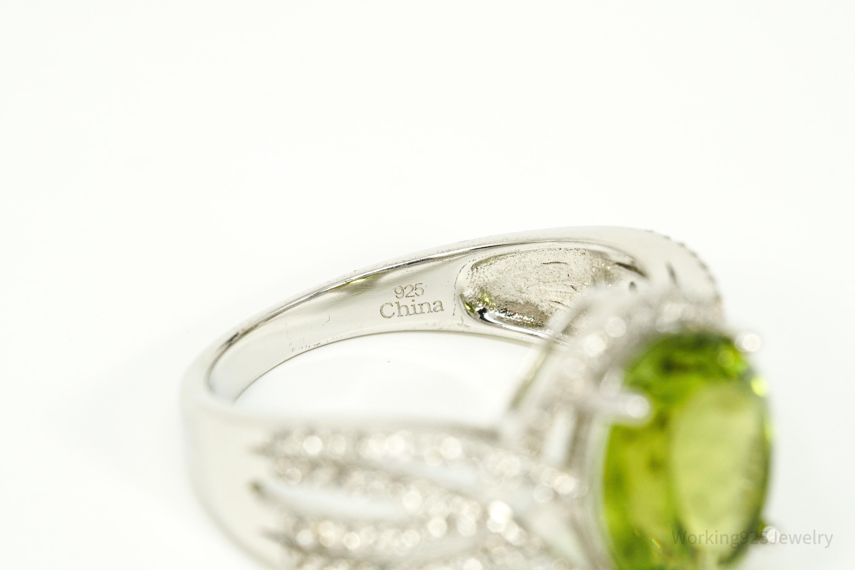 Green Peridot & White Zircon Rhodium Over Sterling Silver Ring - Size 8