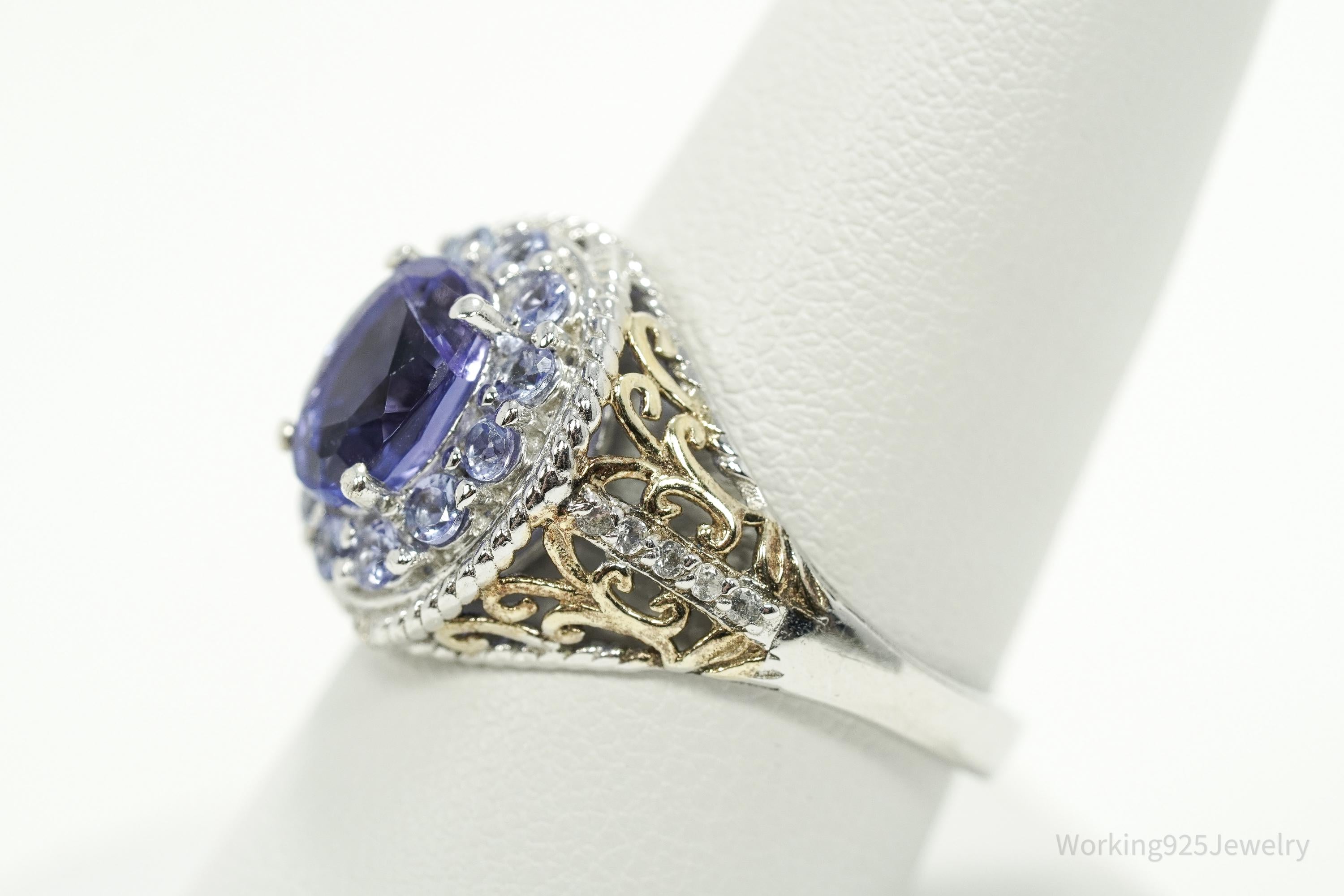 Vintage Tanzanite & White Topaz Gold Vermeil Sterling Silver Ring Size 9