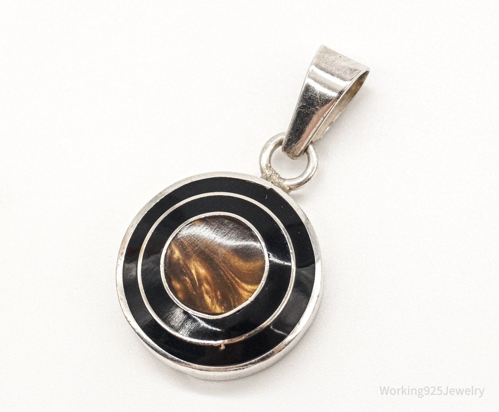 Vintage Mexico Faux Tigers Eye Black Enamel Sterling Silver Pendant