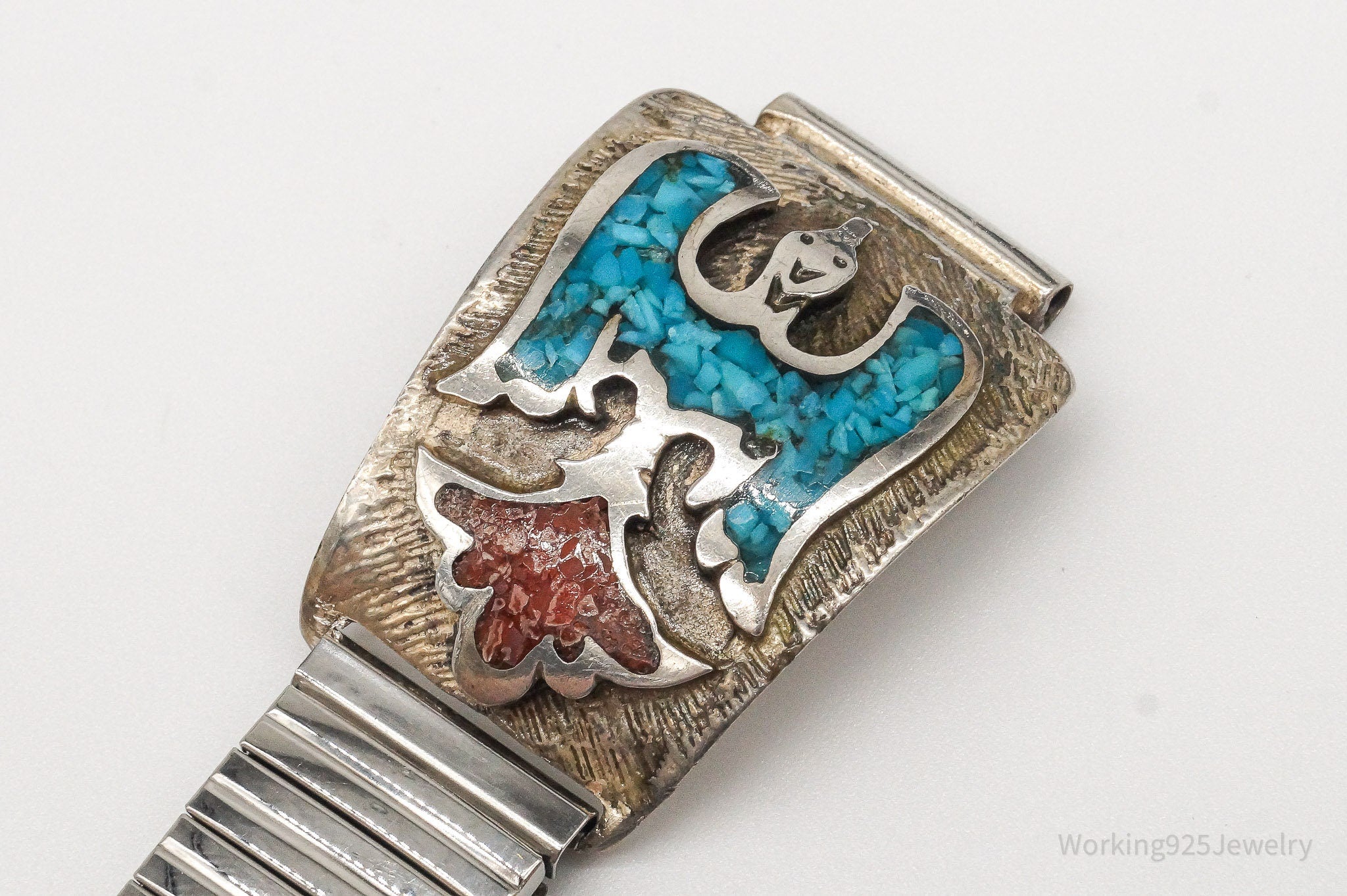 VTG Native American Turquoise Coral Speidel Stainless Steel Silver Watch Band