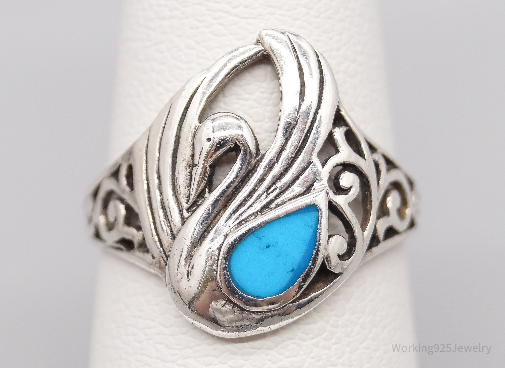 Vintage Boma Turquoise Inlay Swan Sterling Silver Ring - Size 6