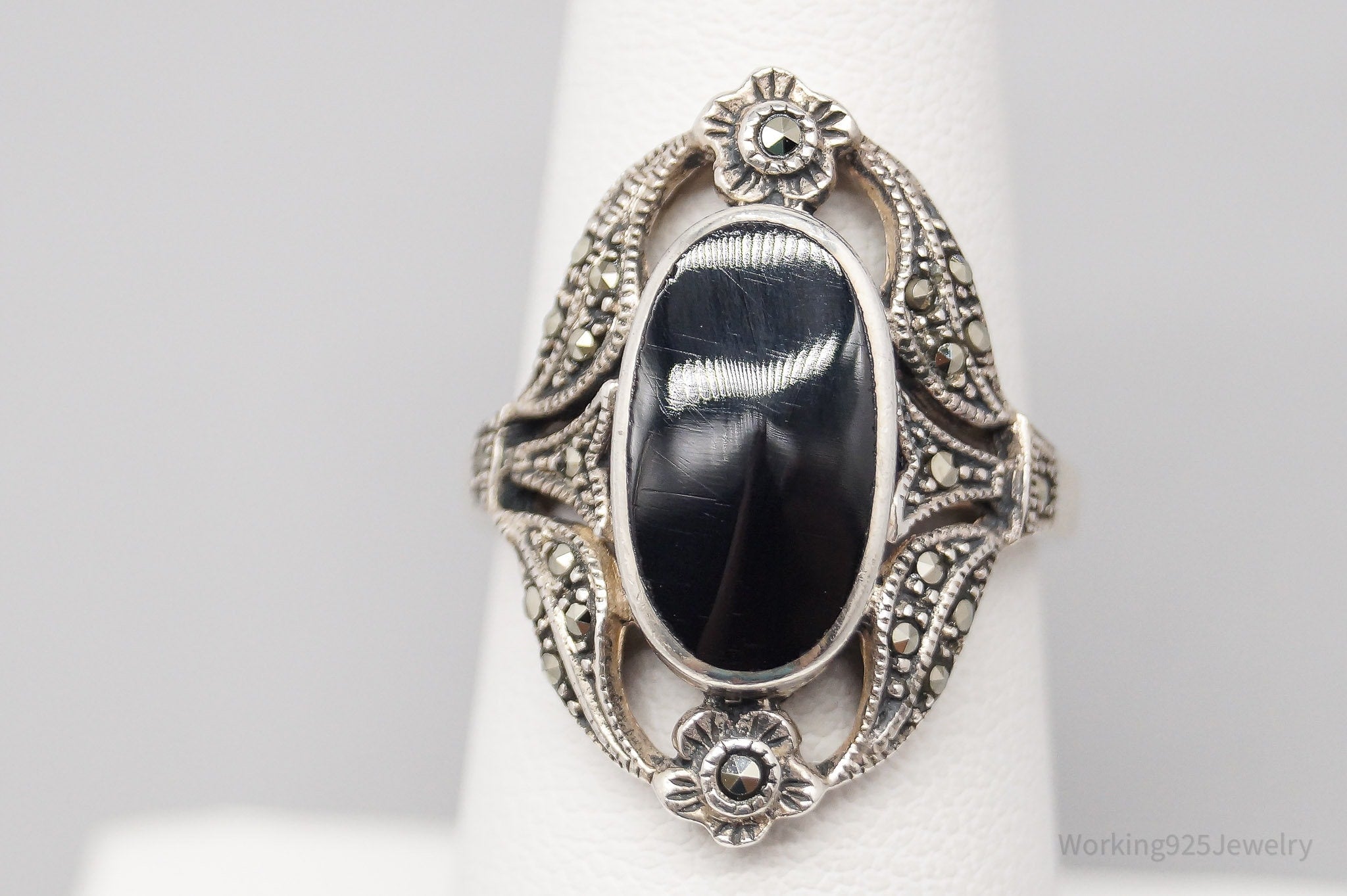 Vintage Black Onyx & Marcasite Sterling Silver Ring - Size 7