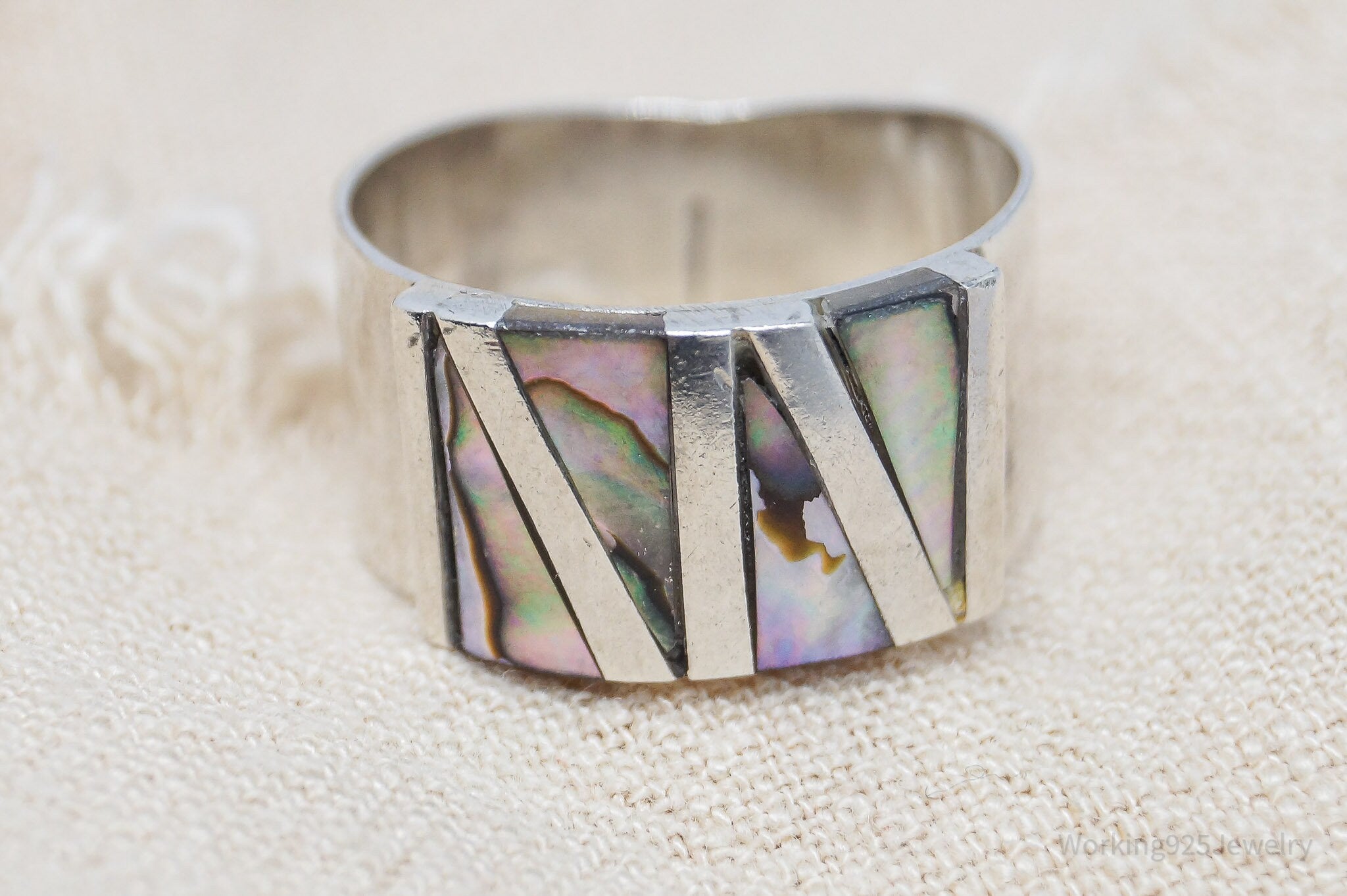 Vintage Paua Abalone Shell Inlay 950 Silver Band Ring - Size 8.5