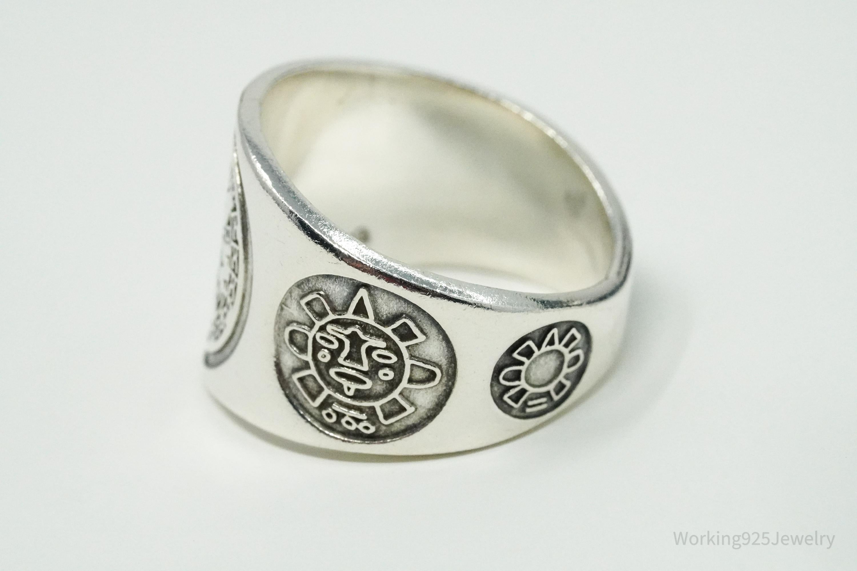 Vintage Aztec Mayan Sun Calendar Sterling Silver Ring Size 10