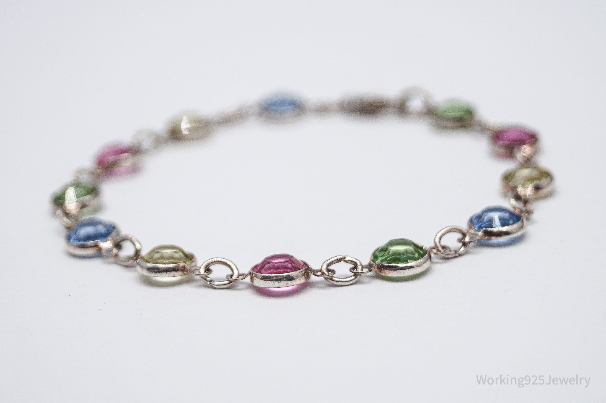 Vintage Rainbow Crystal Silver Bracelet - 7.25"