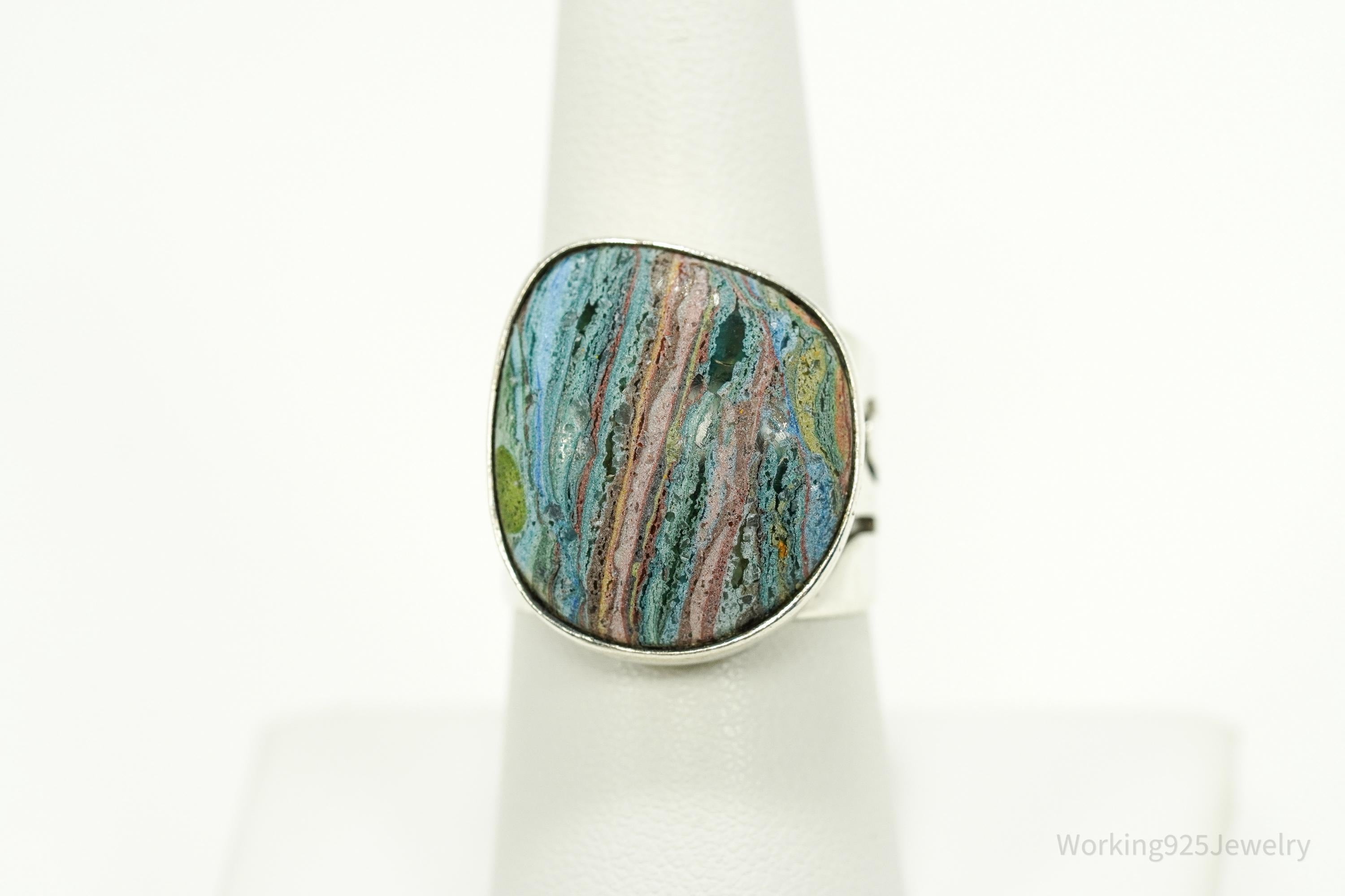 VTG Designer Desert Rose Trading Rainbow Calsilica Sterling Silver Ring - 8.25