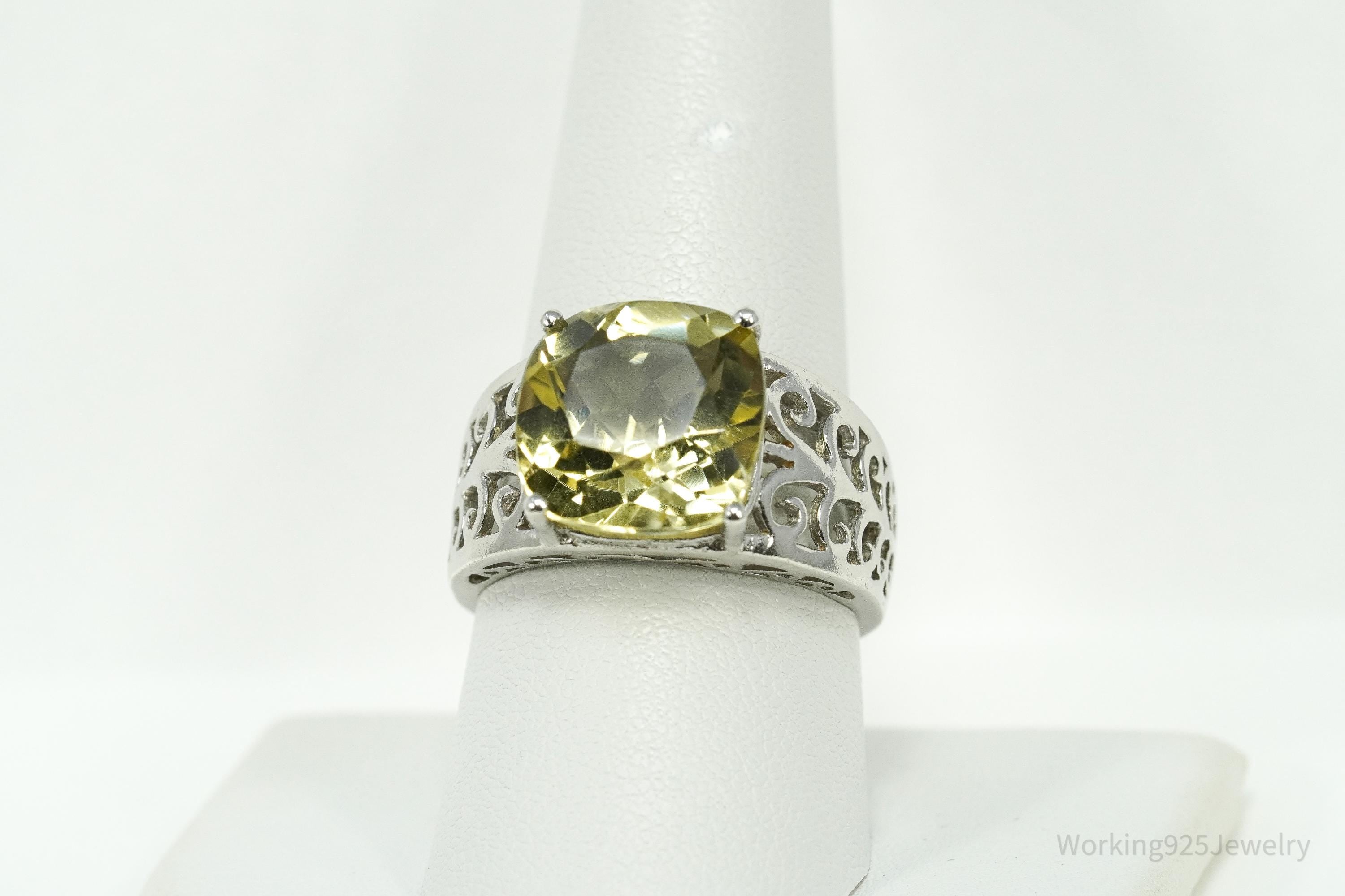 Vintage Large Lemon Citrine Sterling Silver Ring - Size 9
