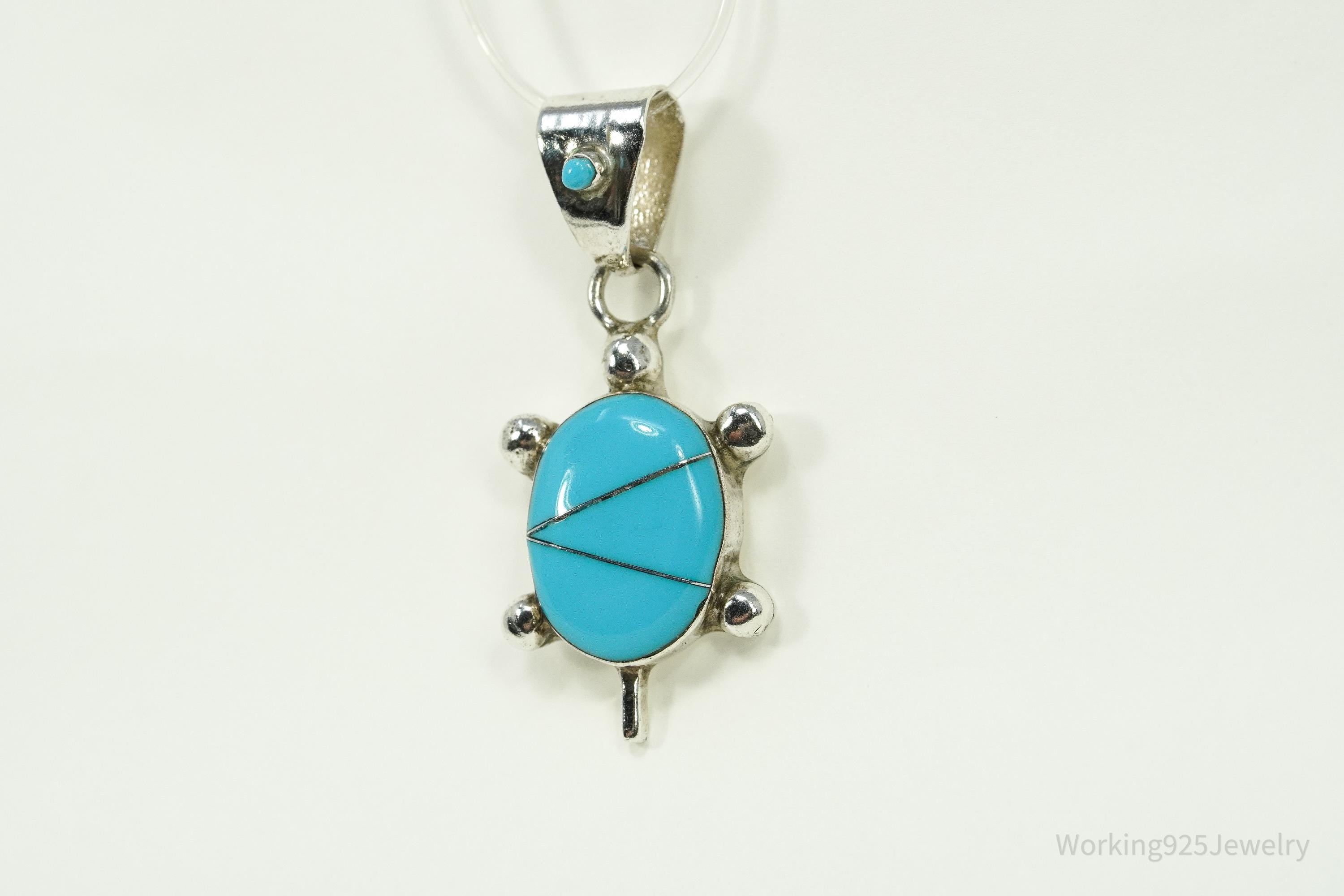 Vintage Native American Turquoise Inlay Turtle Sterling Silver Pendant 1.5"