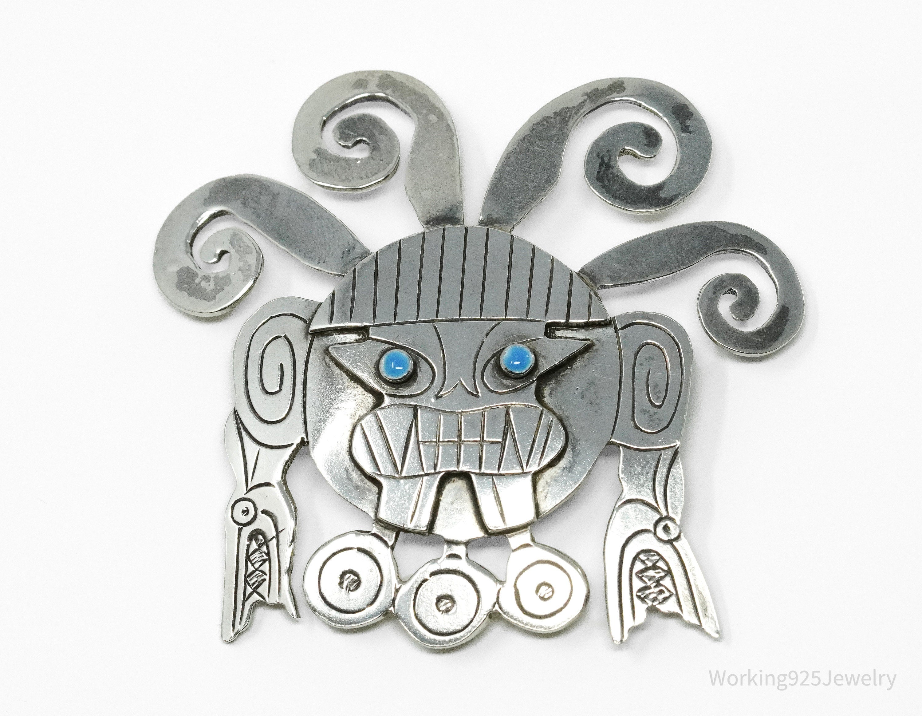Large Vintage Aztec Mayan Sterling Silver Brooch Pin
