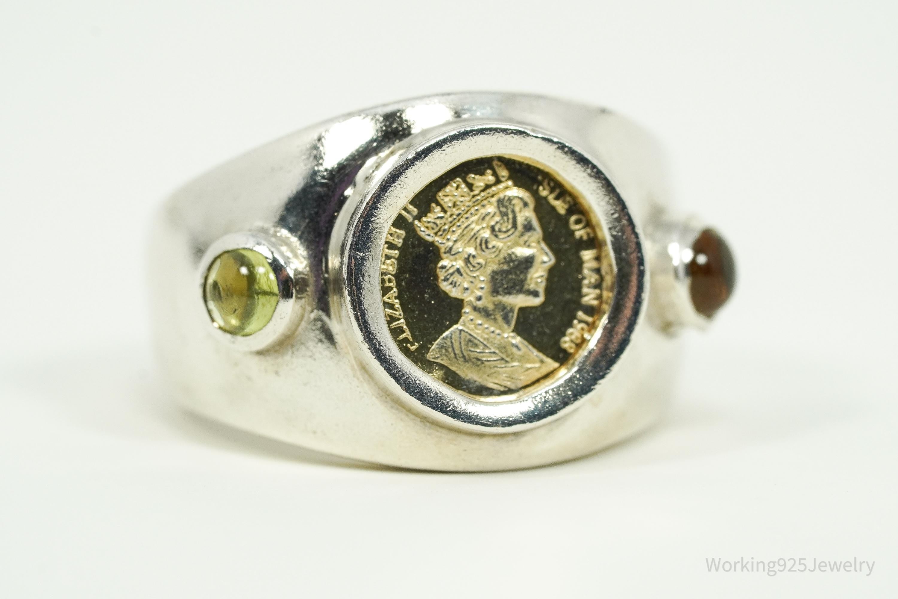 Vintage 1988 Queen Elizabeth II Isle of Man Coin Sterling Silver Ring - Size 6.75