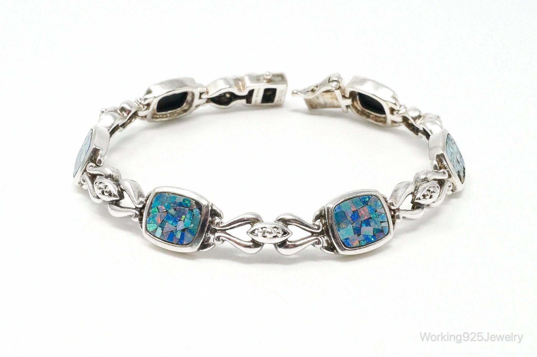 Vintage Mosaic Blue Fire Opal Inlay Sterling Silver Bracelet