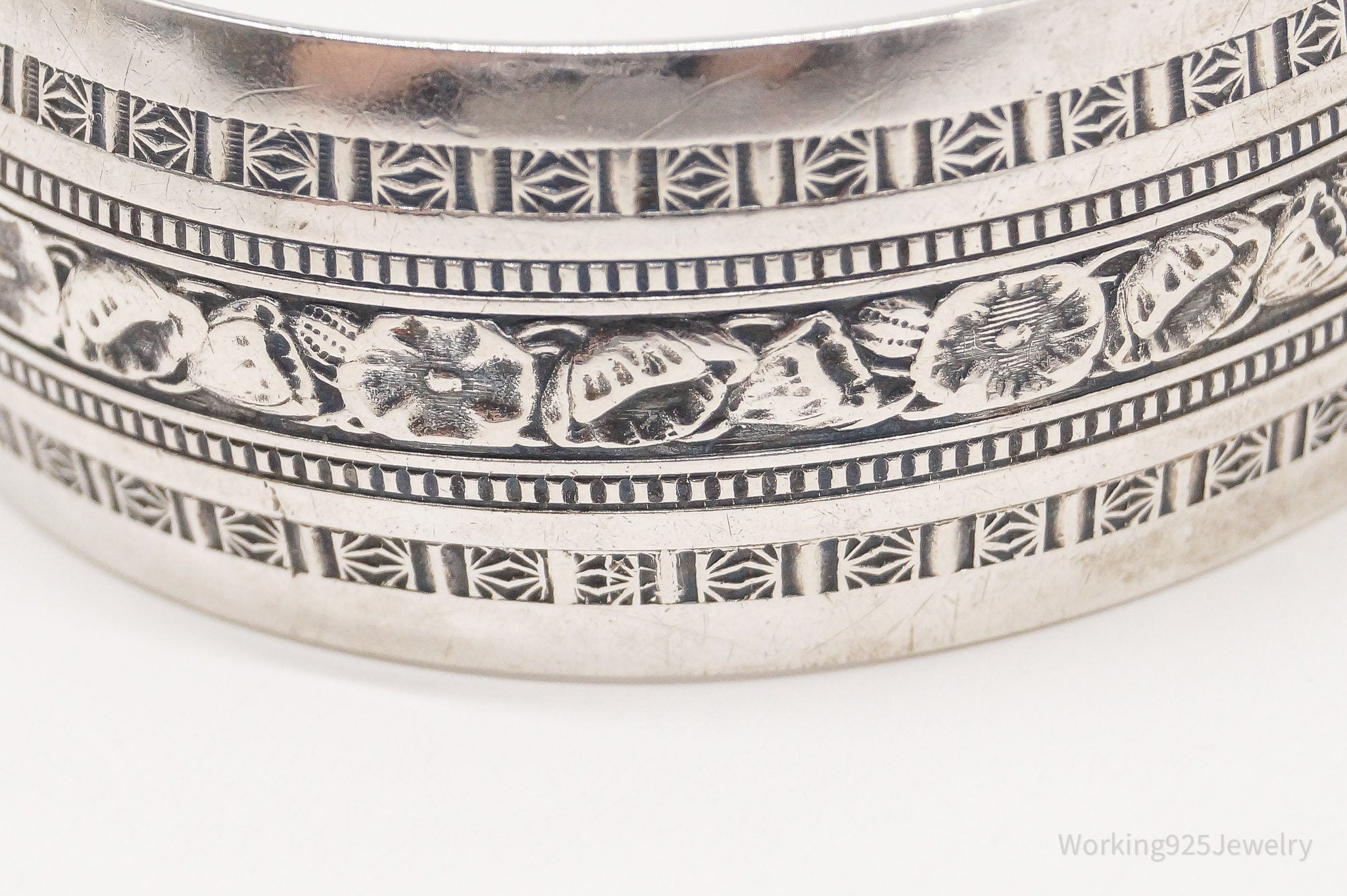 Antique Designer Danecraft Floral Sterling Silver Wide Cuff Bracelet 6.75"