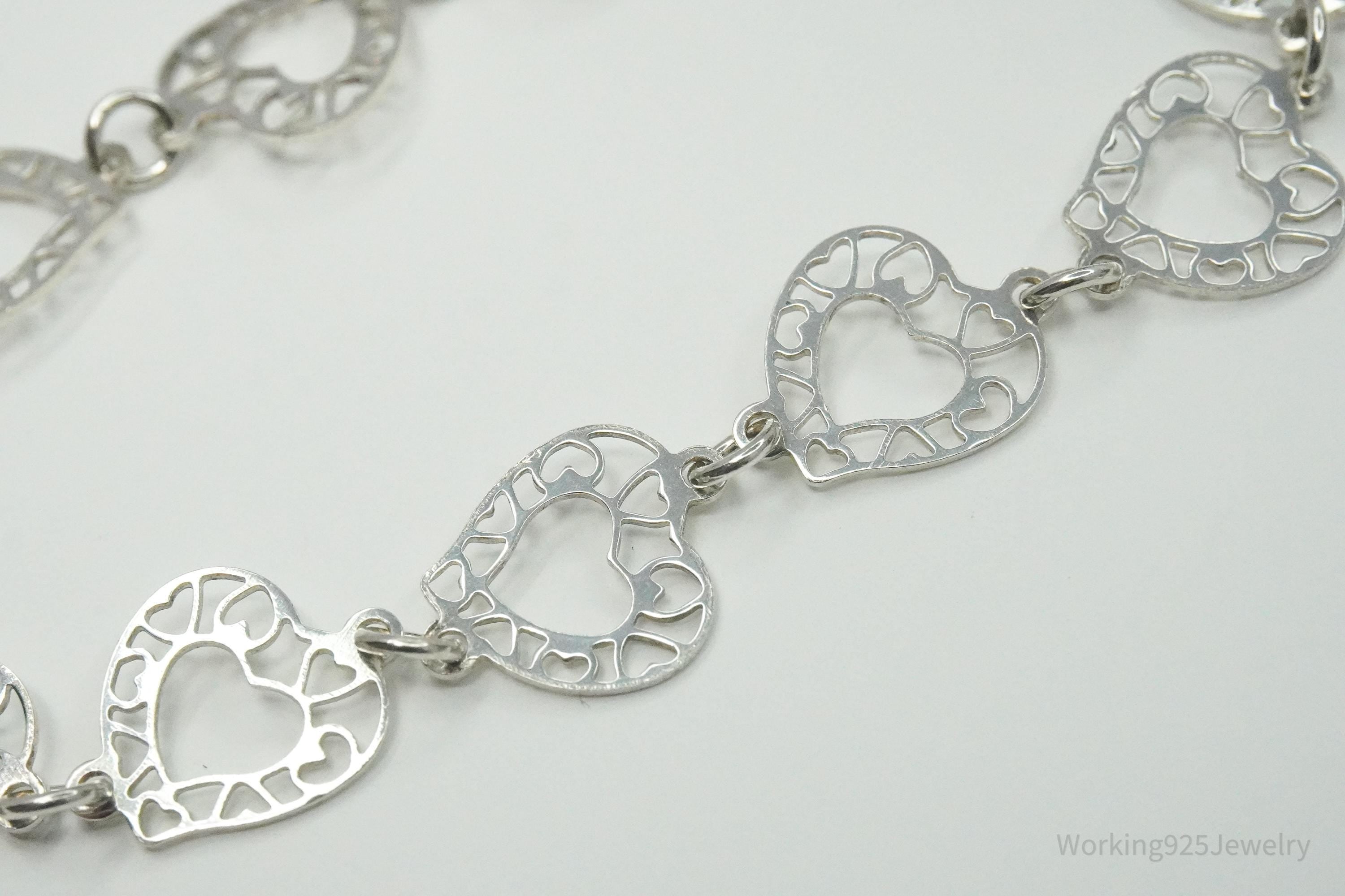 Vintage Linked Hearts Sterling Silver Bracelet 7.25"