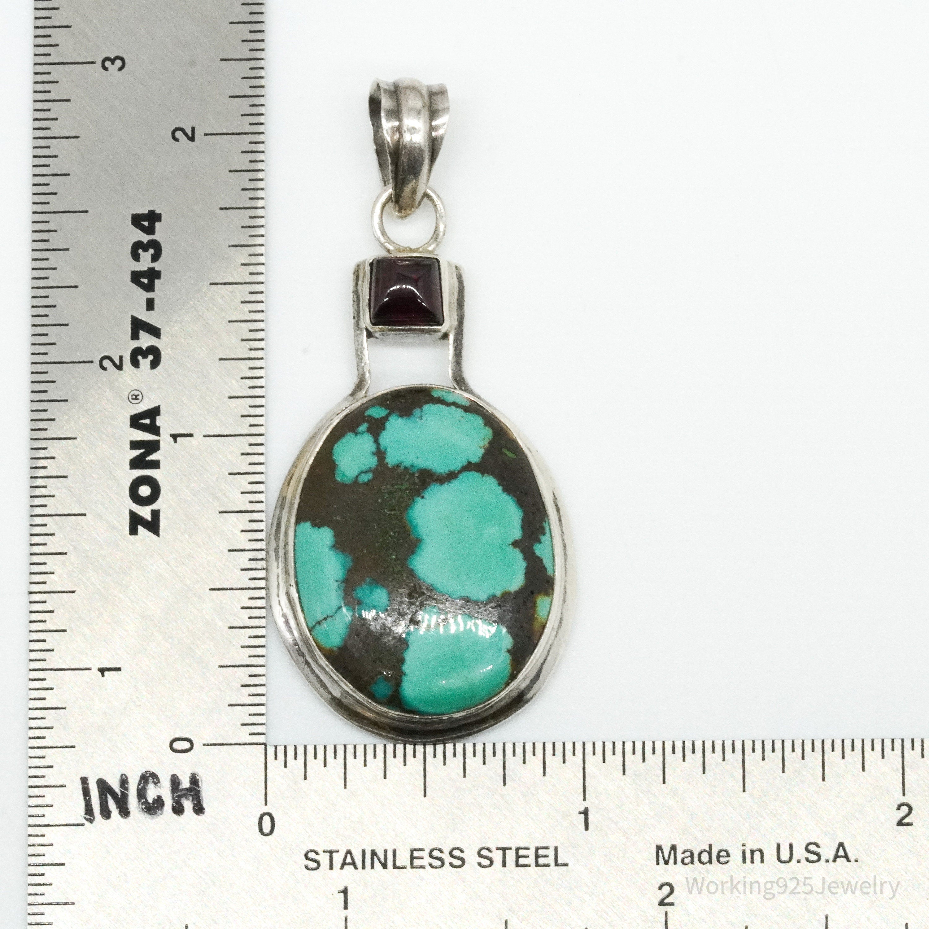Vintage Turquoise & Rhodolite Garnet Sterling Silver Pendant