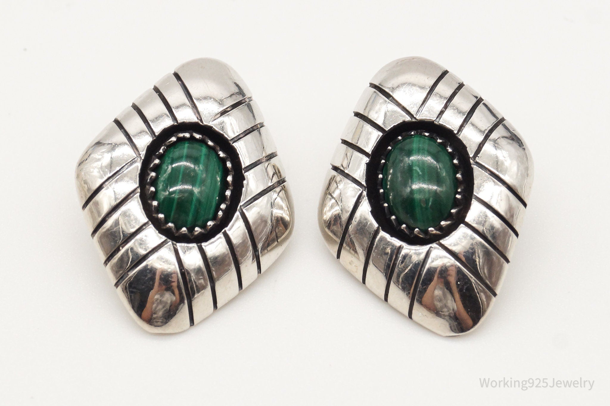 Vintage Native American Malachite Sterling Silver Clip On Earrings