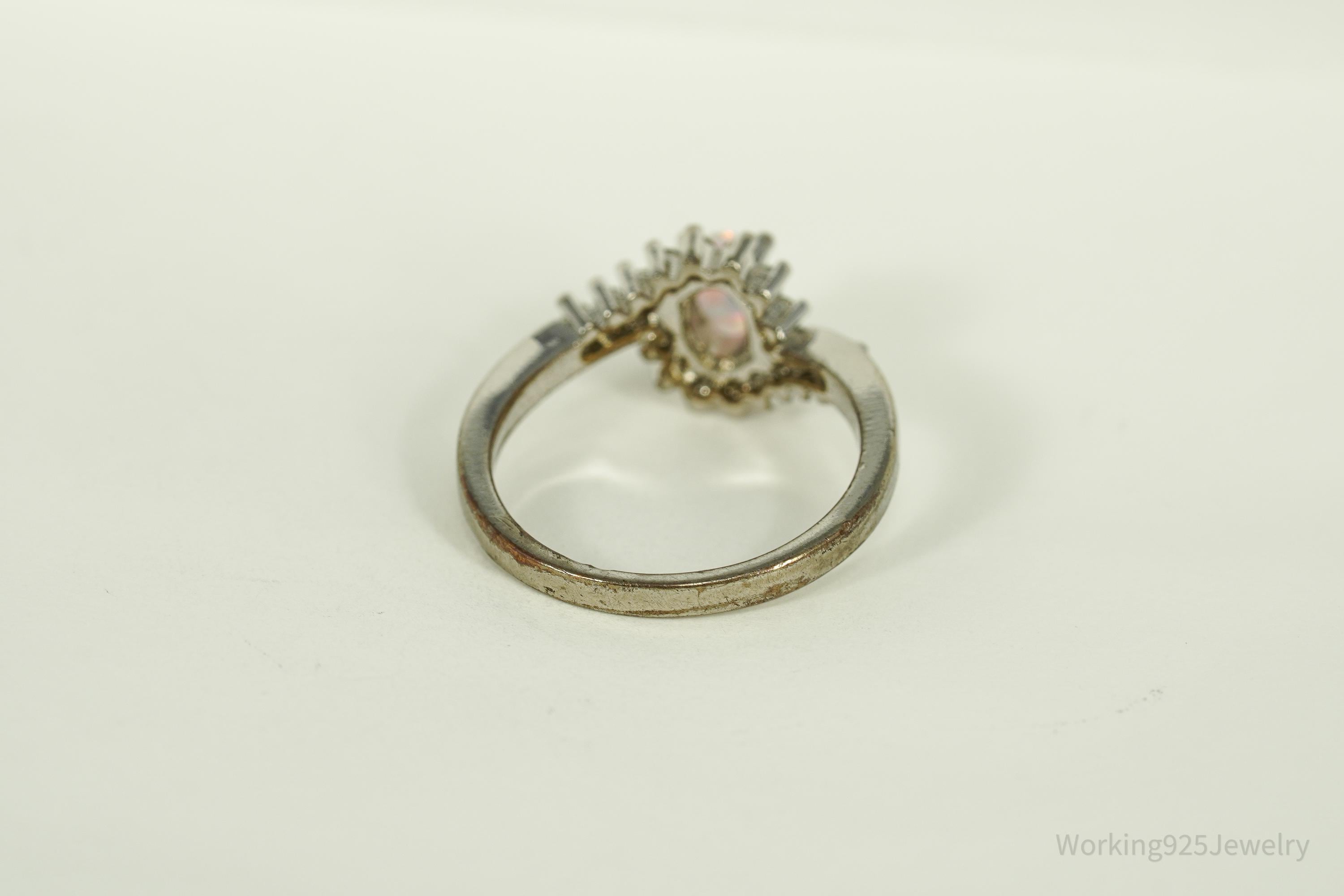 Vintage Opal & Cubic Zirconia Sterling Silver Plated Ring - Size 6