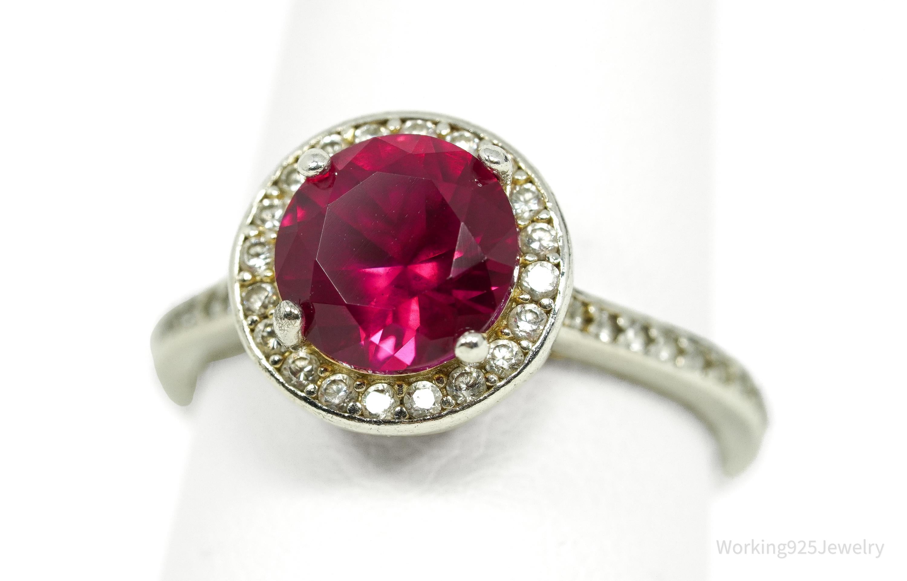 Vintage Ruby & Cubic Zirconia Sterling Silver Ring - Size 7